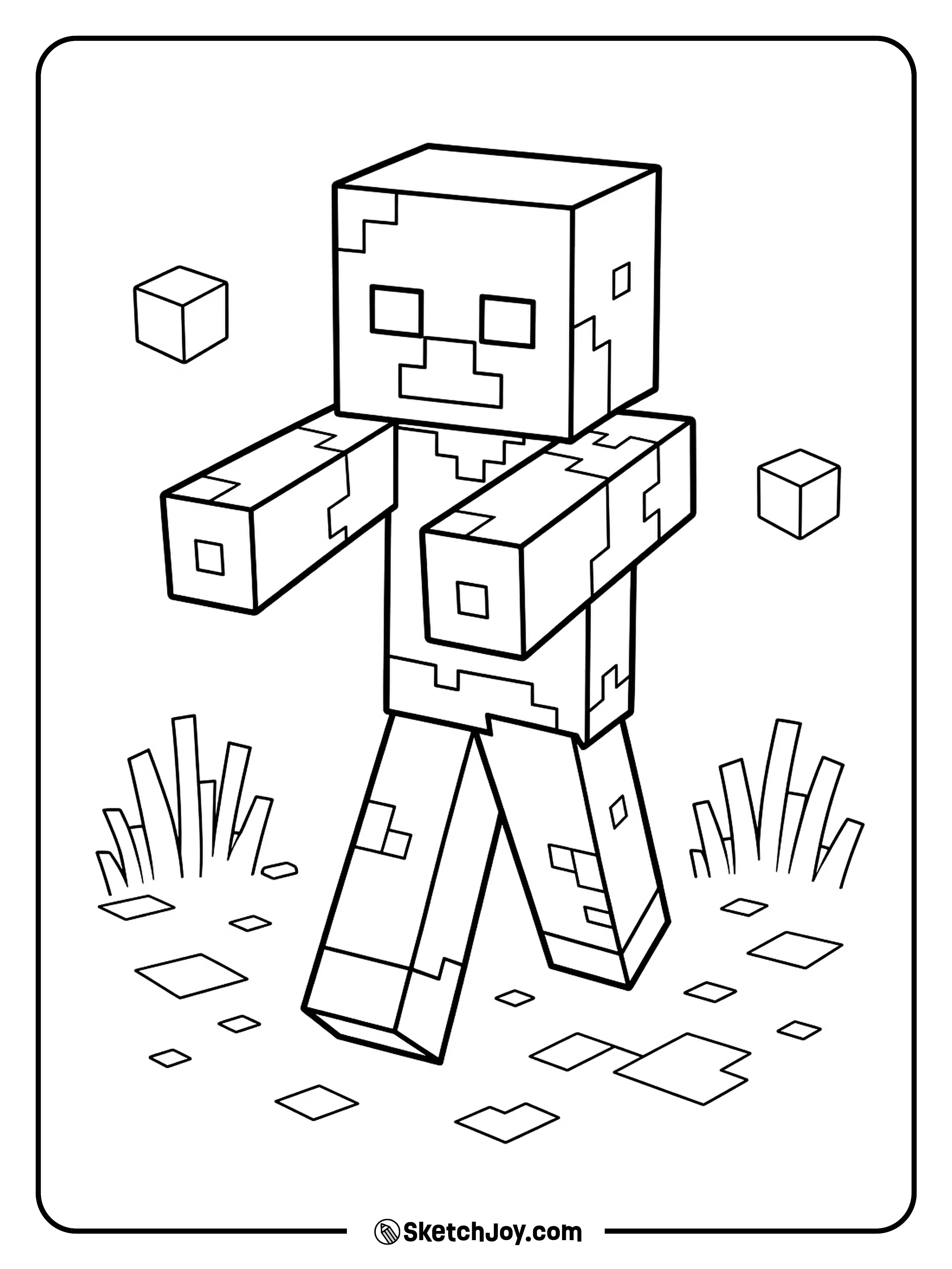 A Minecraft zombie stands with stiff arms and one square foot set forward.