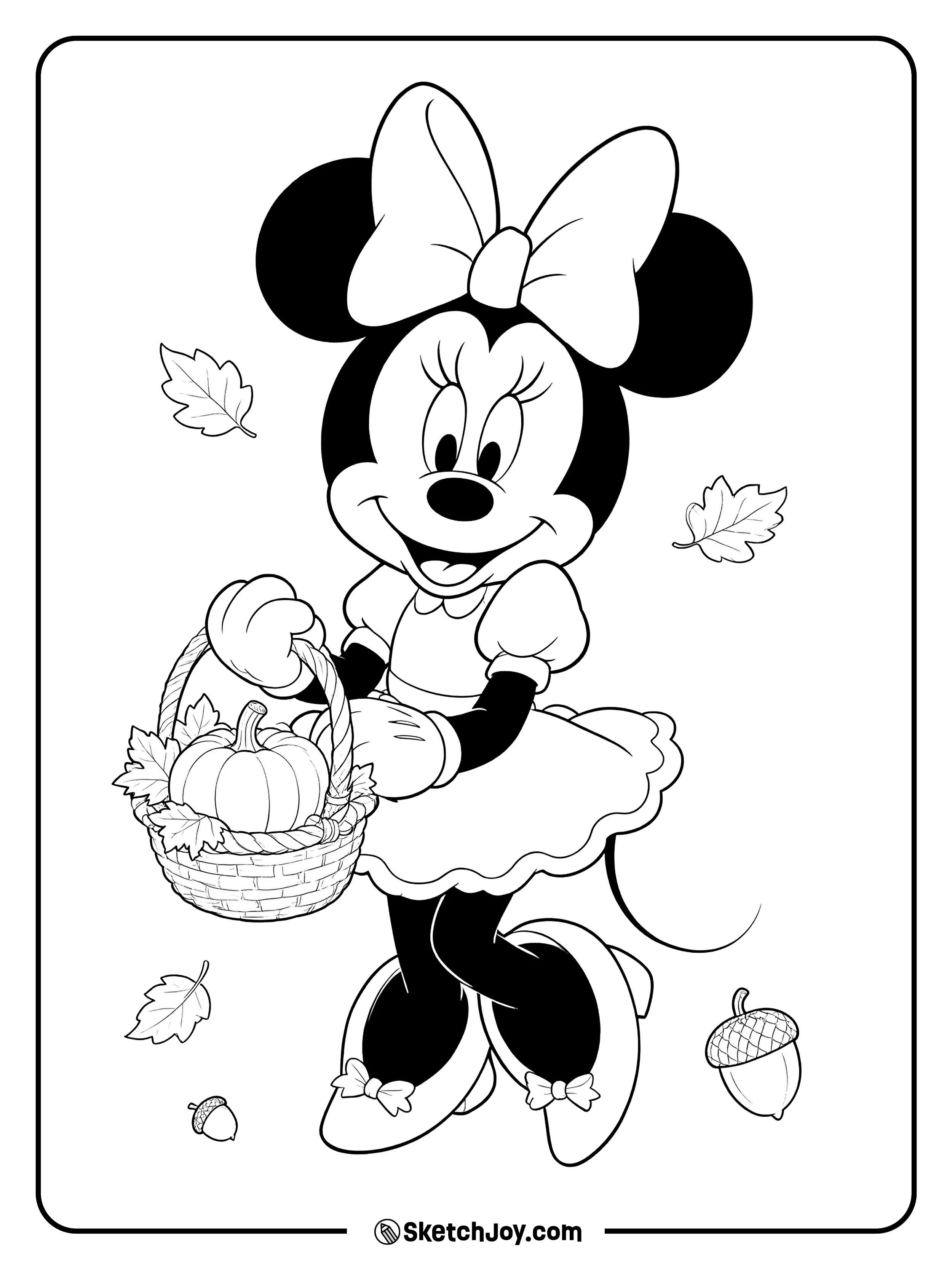 Minnie Mouse stands with a fall bow and a small pumpkin basket.