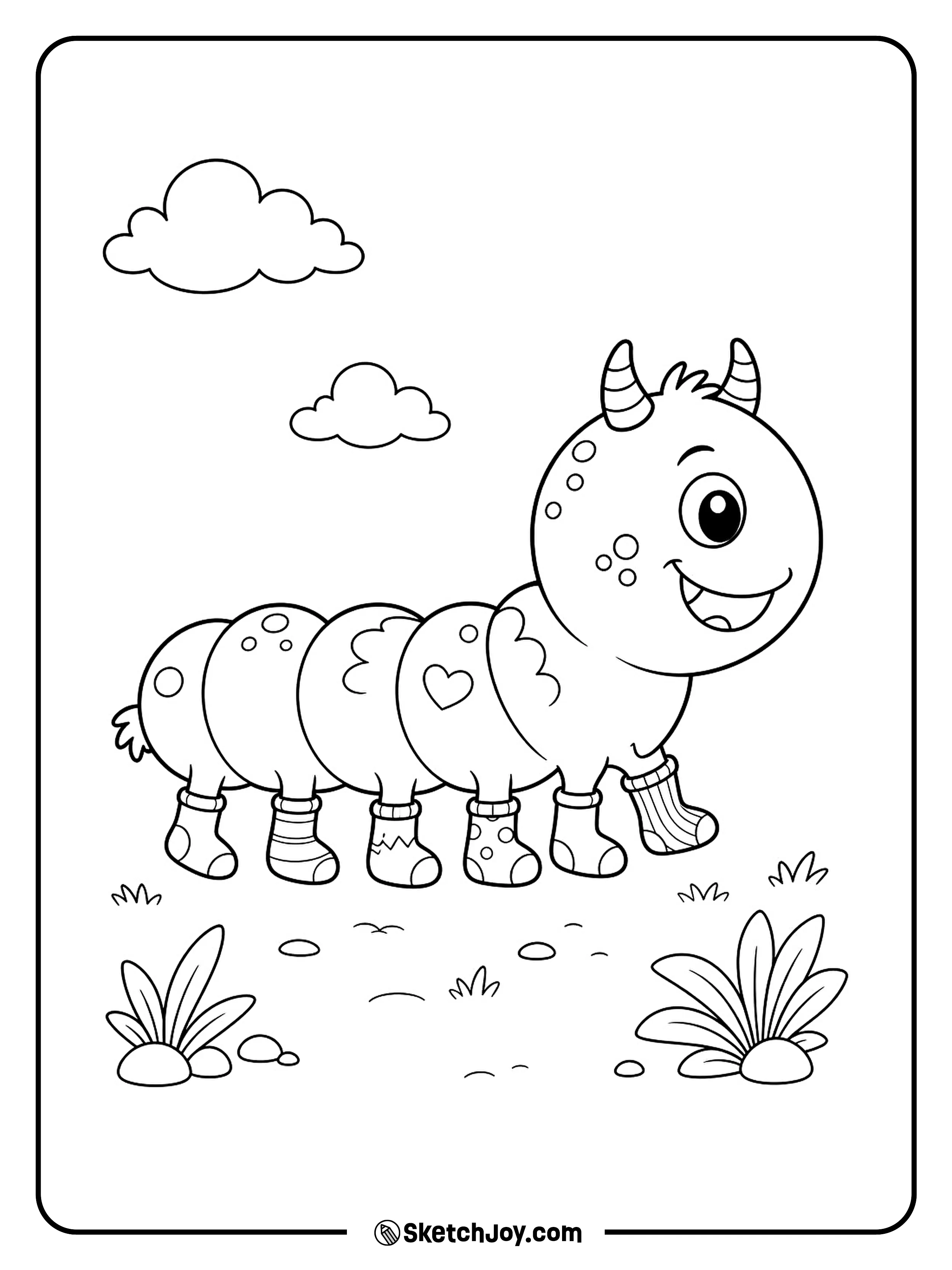 A six-legged monster lifts one foot to check its mismatched socks.