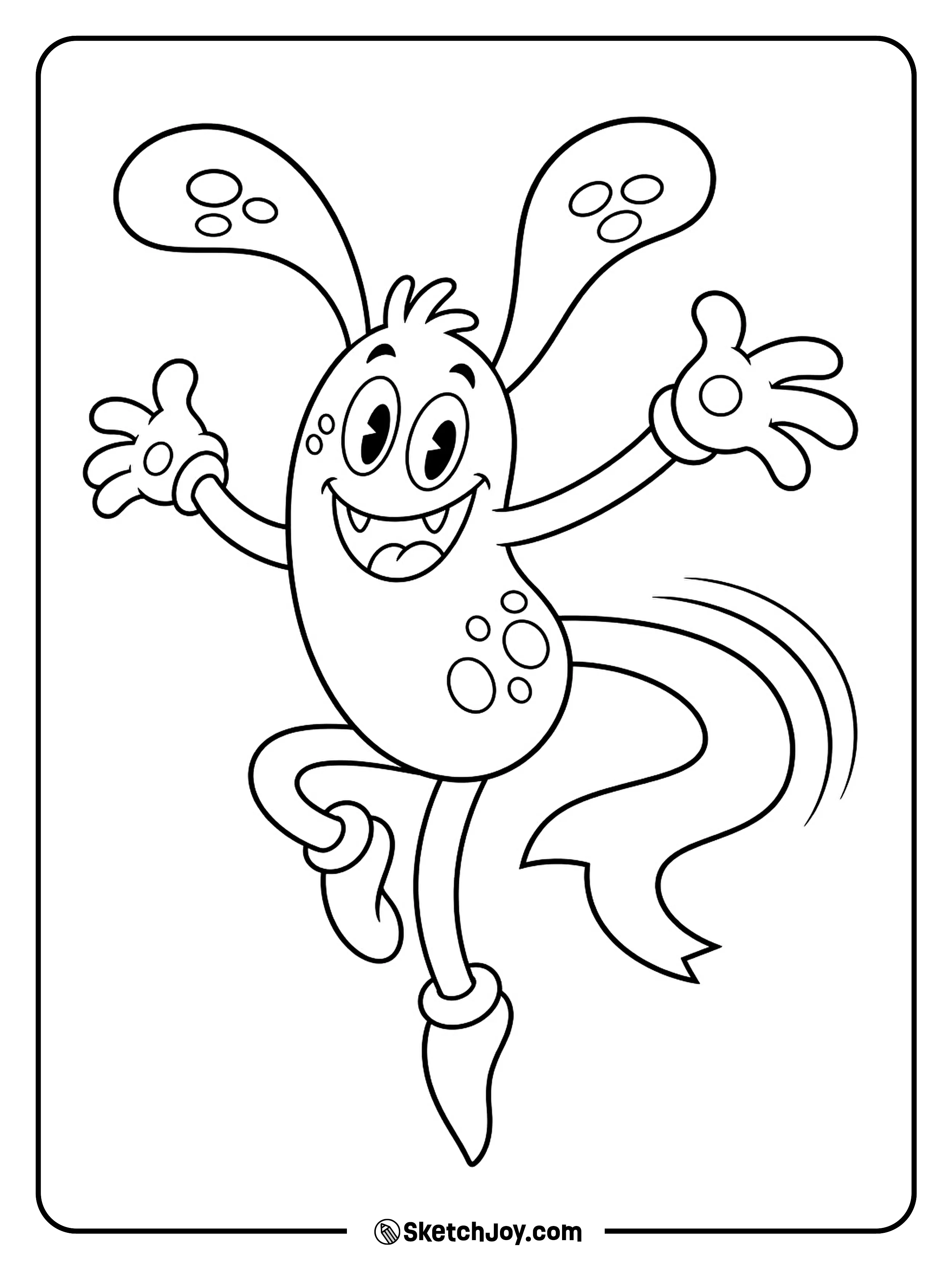 A happy monster spins around while its ribbon tail curls through the air.