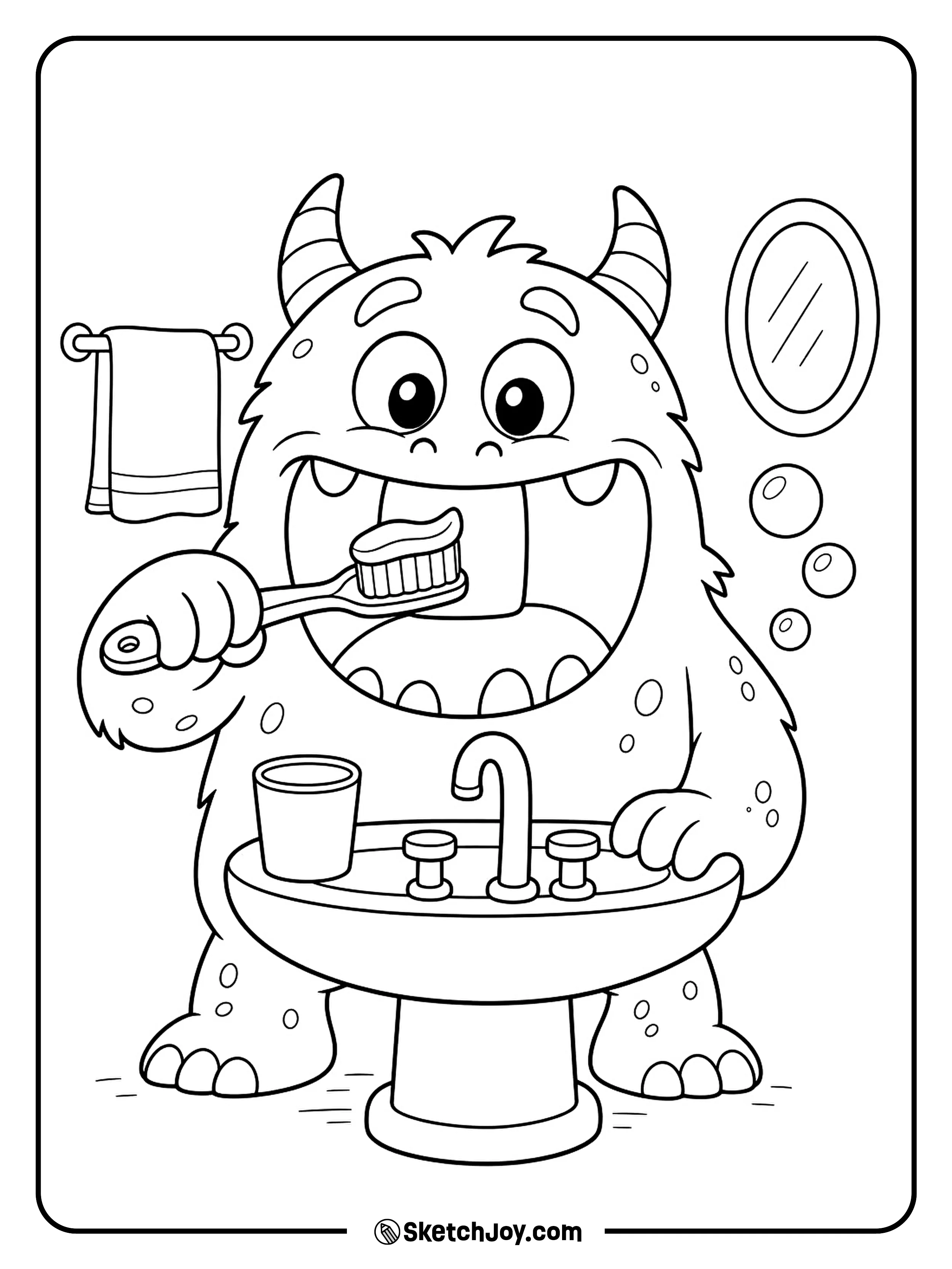 A smiling monster brushes its biggest tooth beside a little bathroom sink.