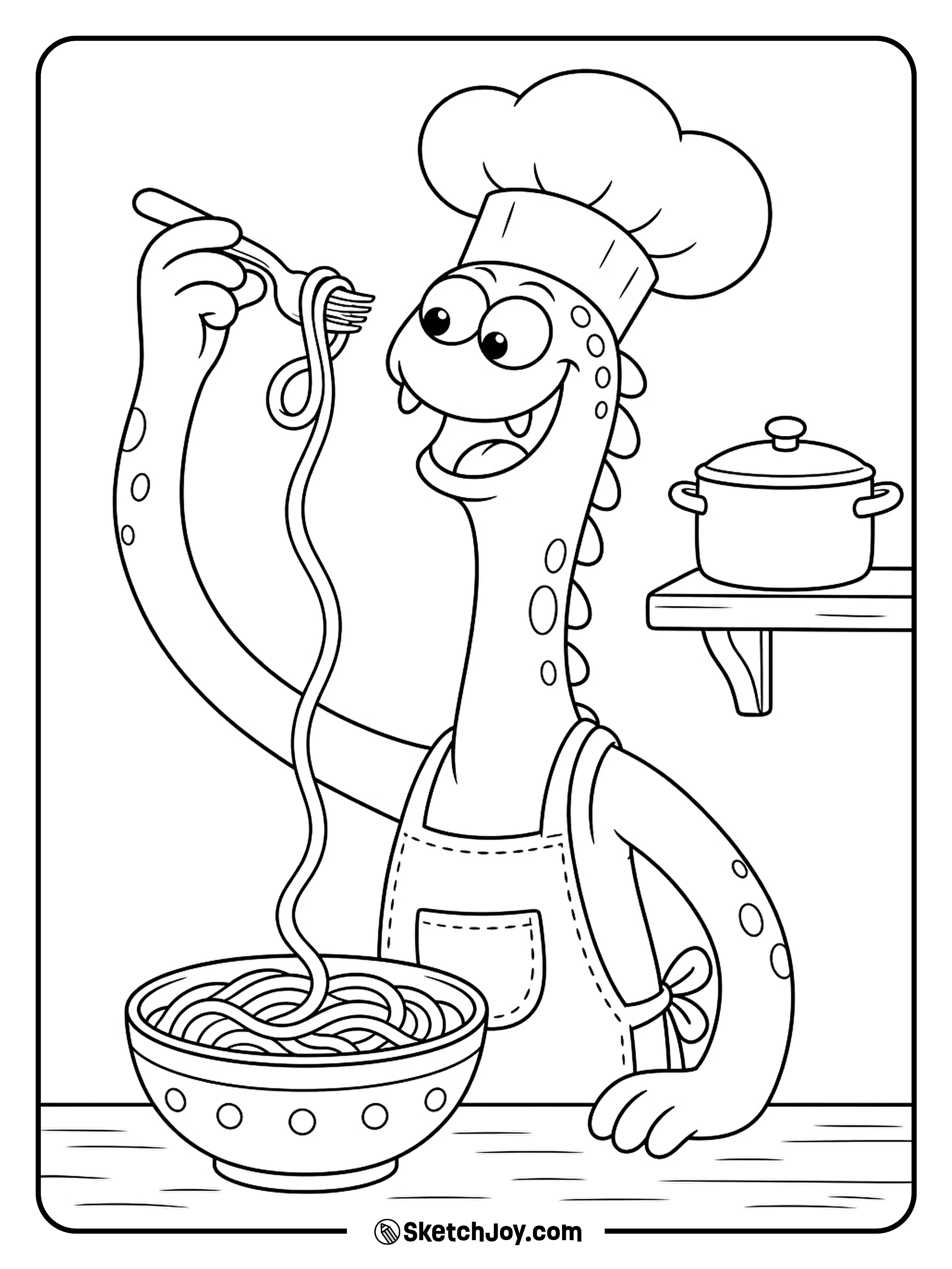 A long-necked monster twirls a noodle that reaches all the way from its bowl.