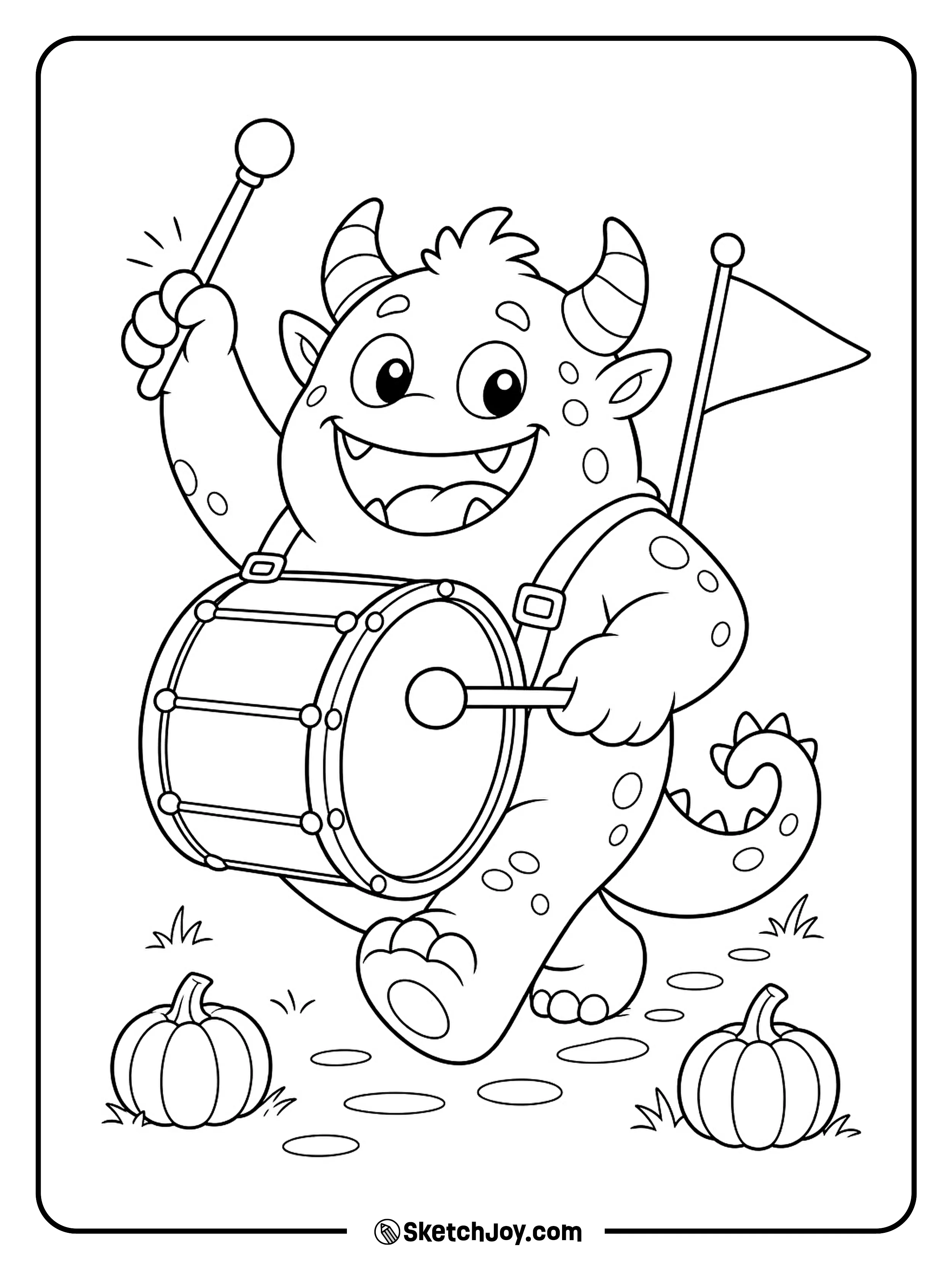 A little horned monster drums a cheerful beat along a pumpkin parade path.