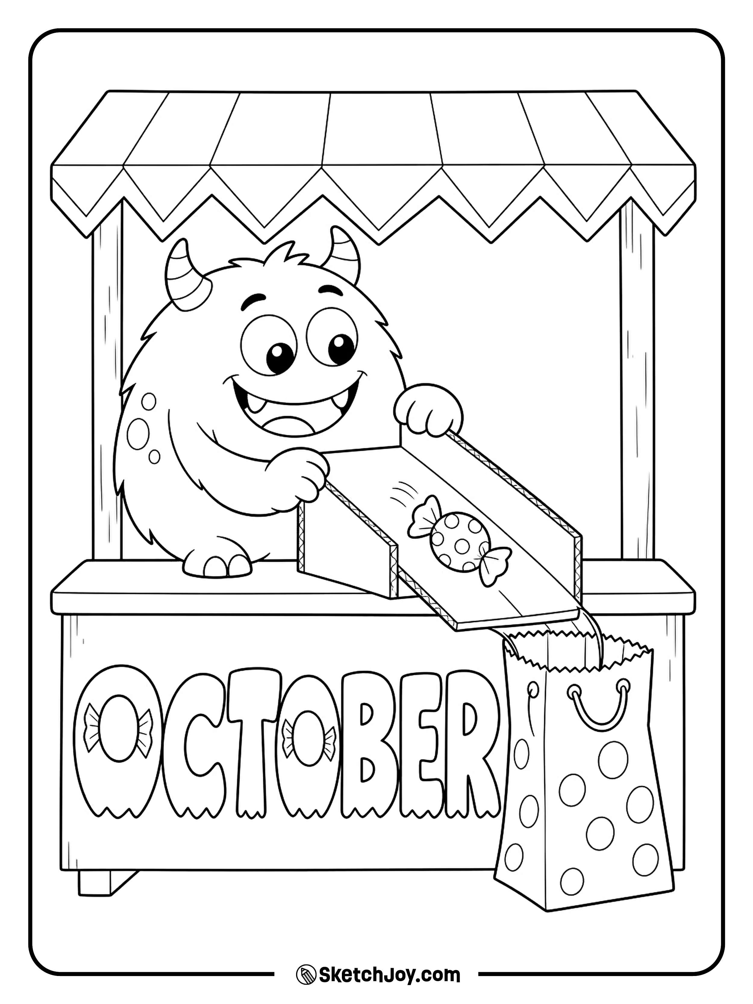 A friendly monster rolls a wrapped sweet down a short slide into a waiting treat bag.