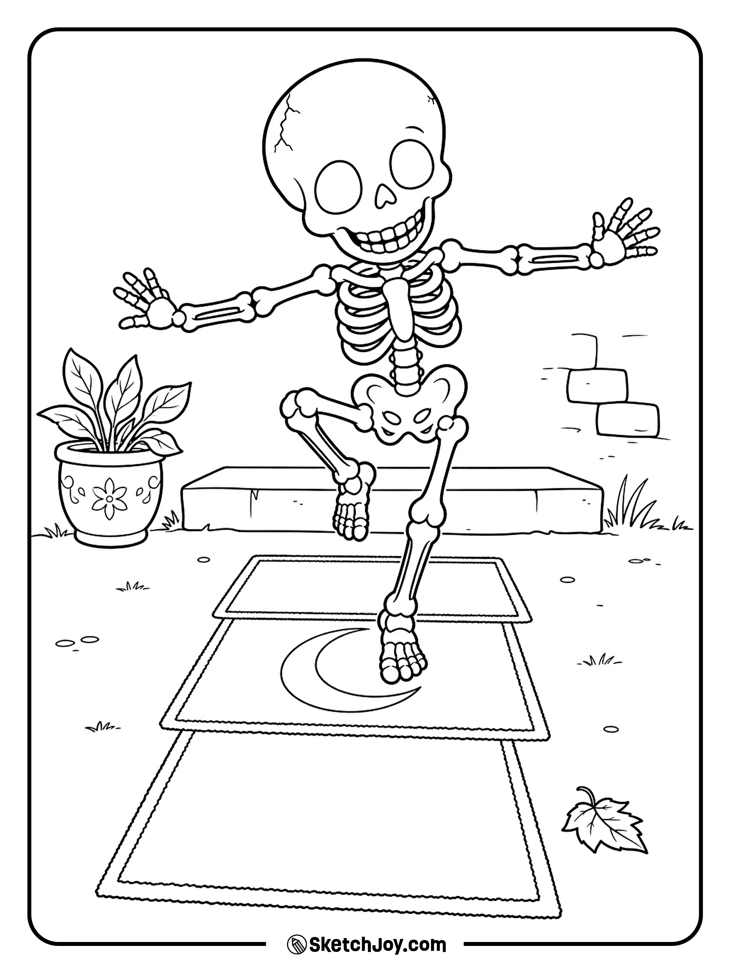 With one knee raised, a skeleton hops onto a chalk crescent moon.