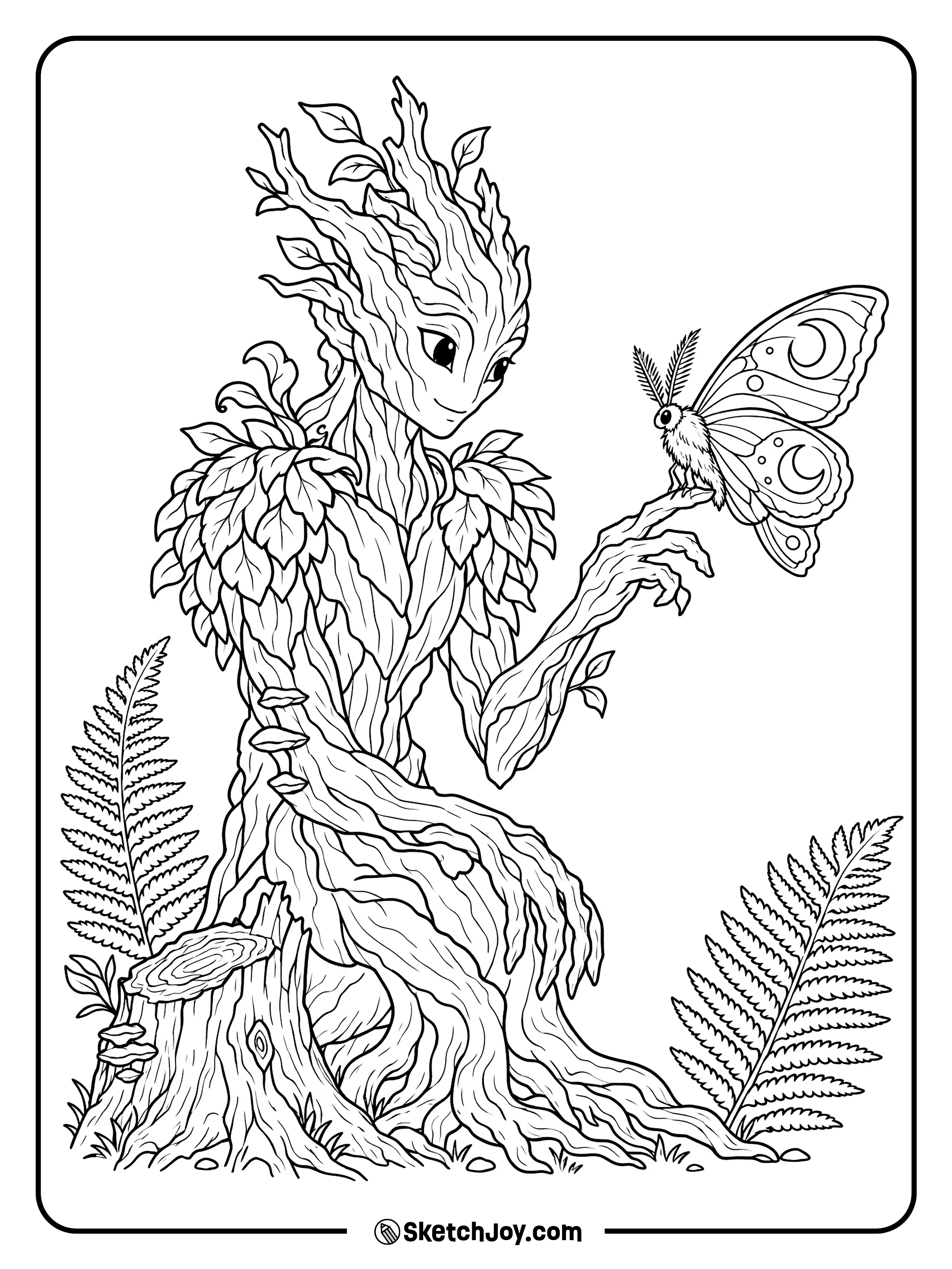A woodland monster holds out a branch hand for a large moon moth.