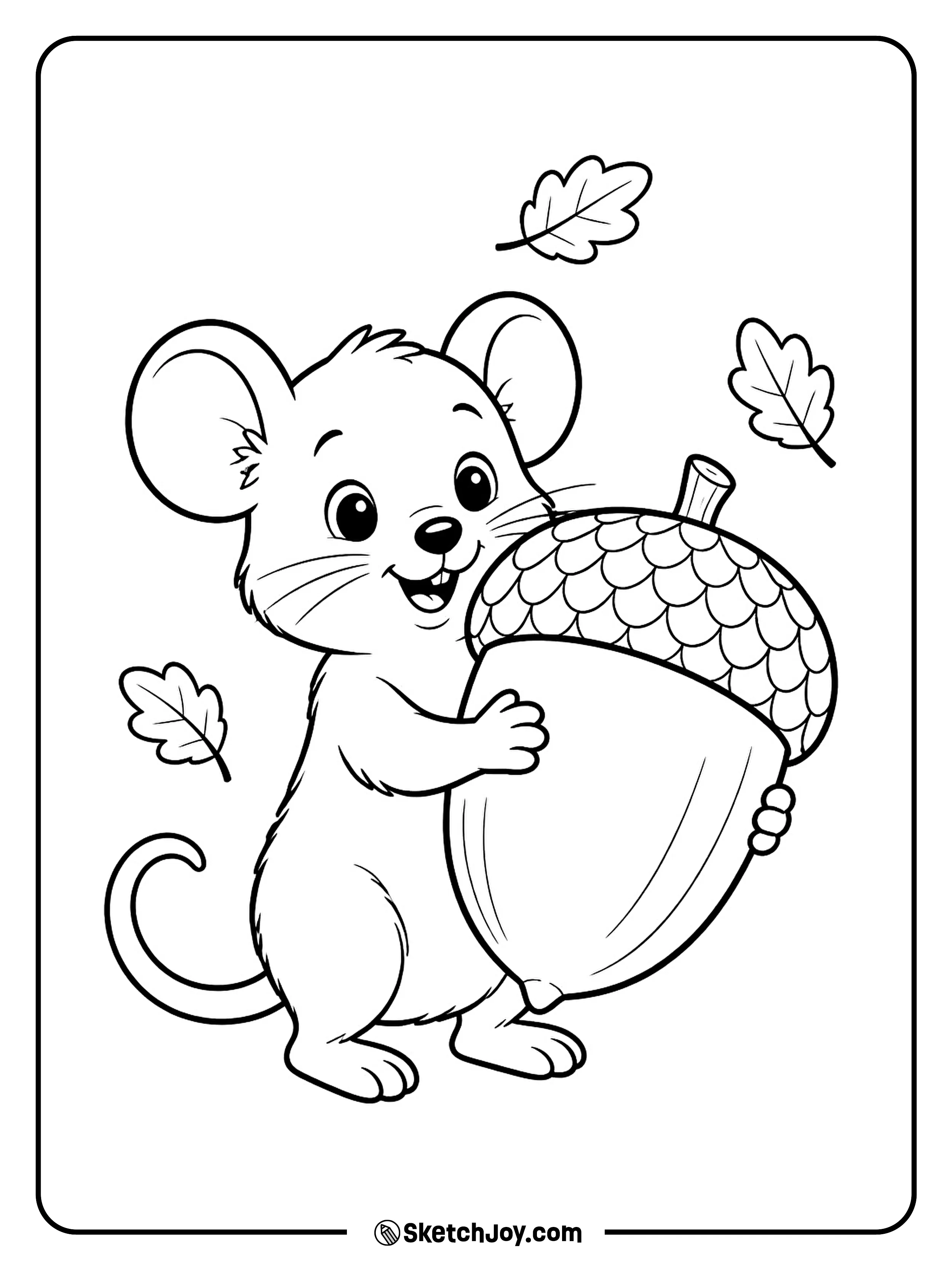 A tiny mouse proudly hugs an acorn almost as big as itself.