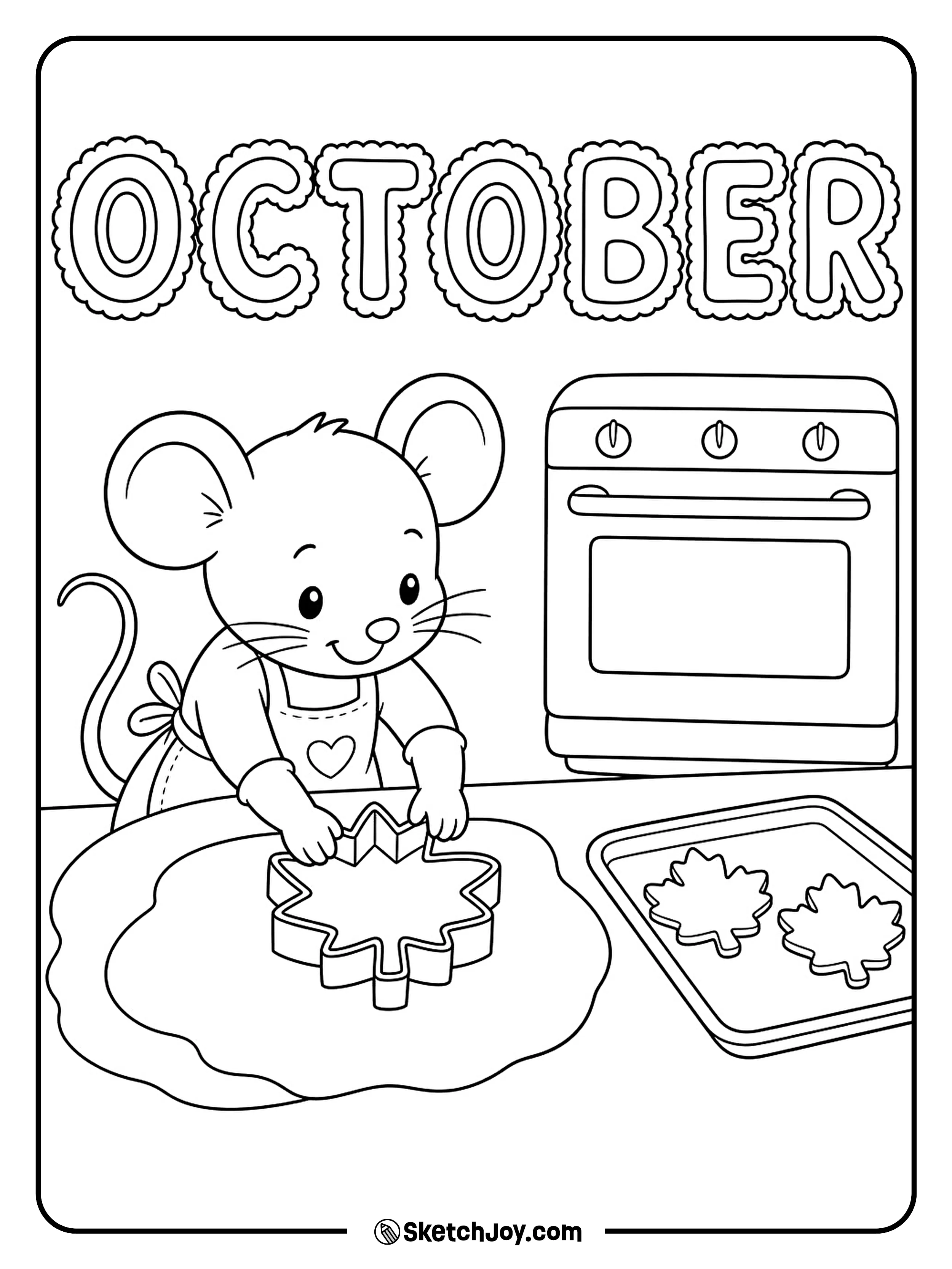 A mouse presses a leaf cutter into dough beside two cookies ready for the oven.