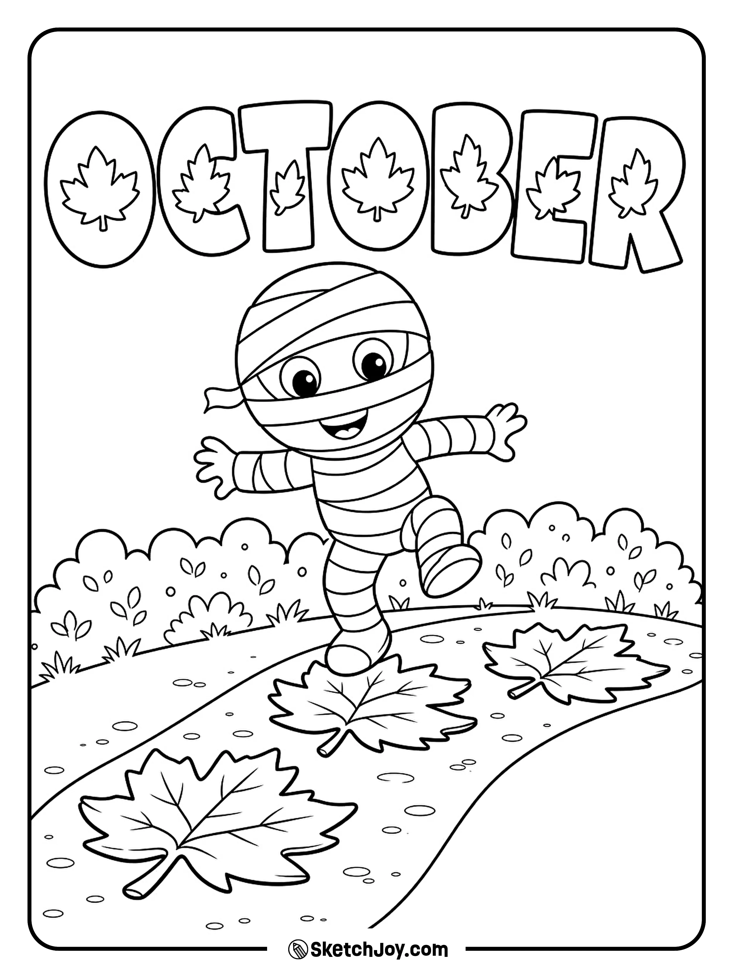 A playful mummy hops between three large leaves beside a low garden hedge.