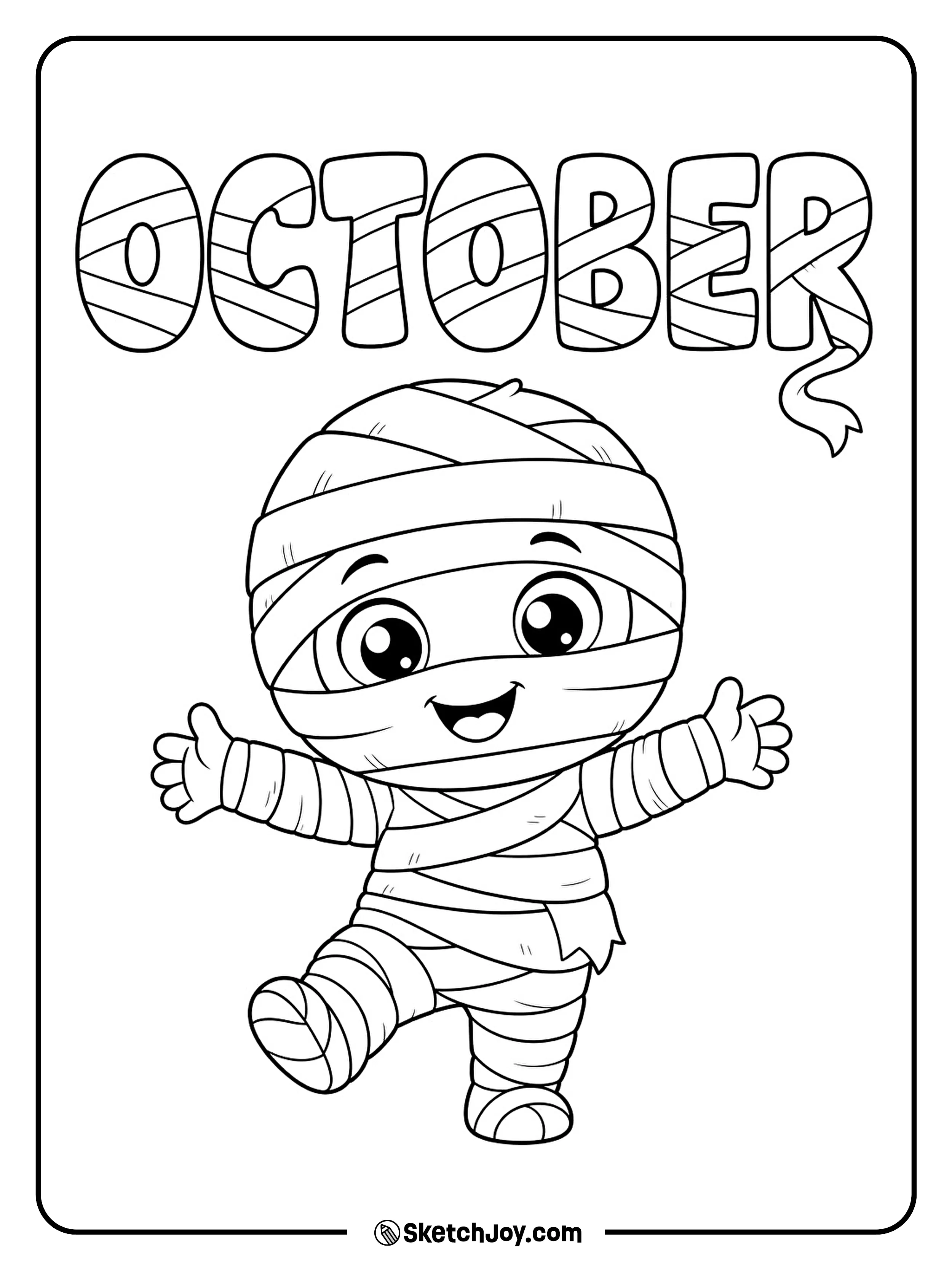A small mummy stretches its arms wide beneath letters wrapped in loose bandages.