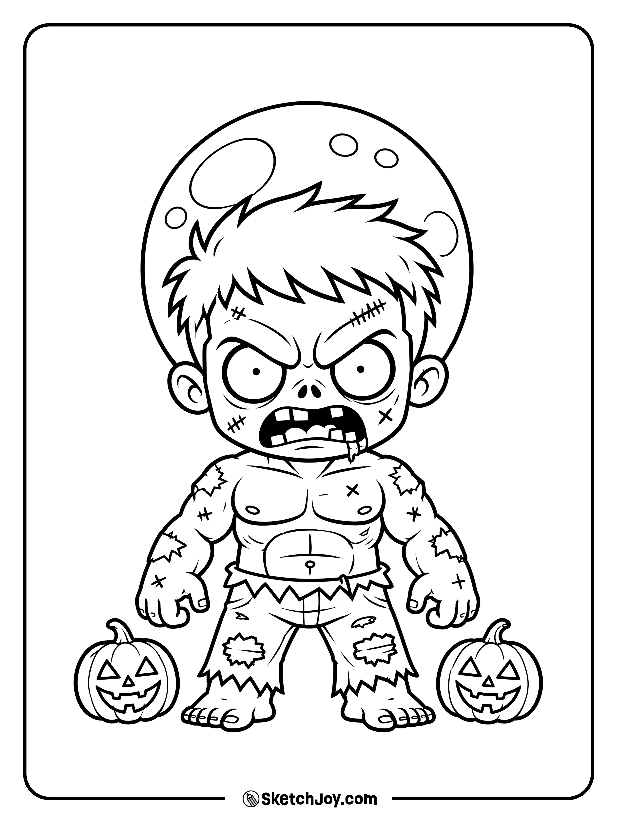 A strong zombie stands between two smiling pumpkins beneath a large full moon.