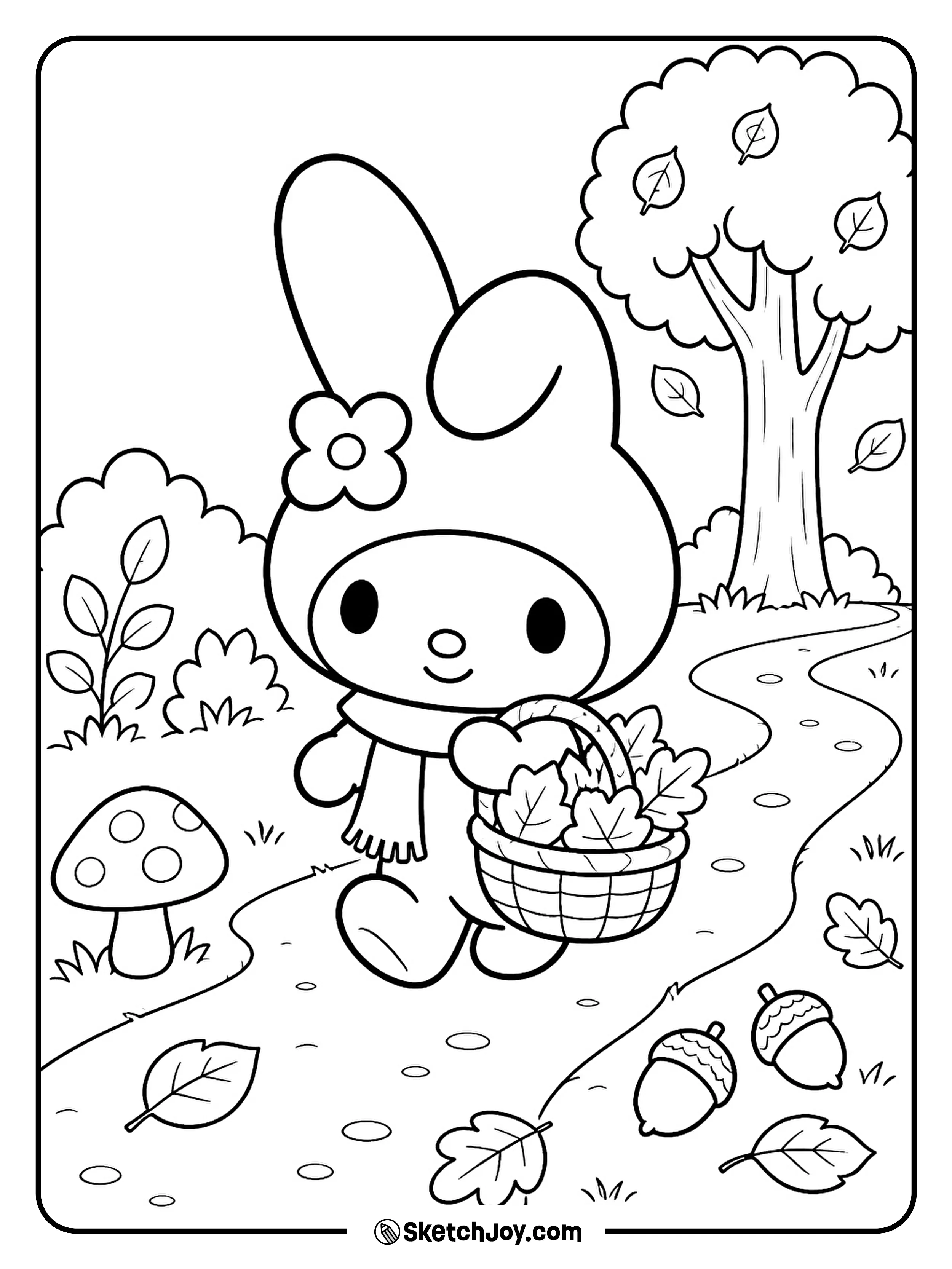 My Melody walks with a little scarf and a basket of leaves.