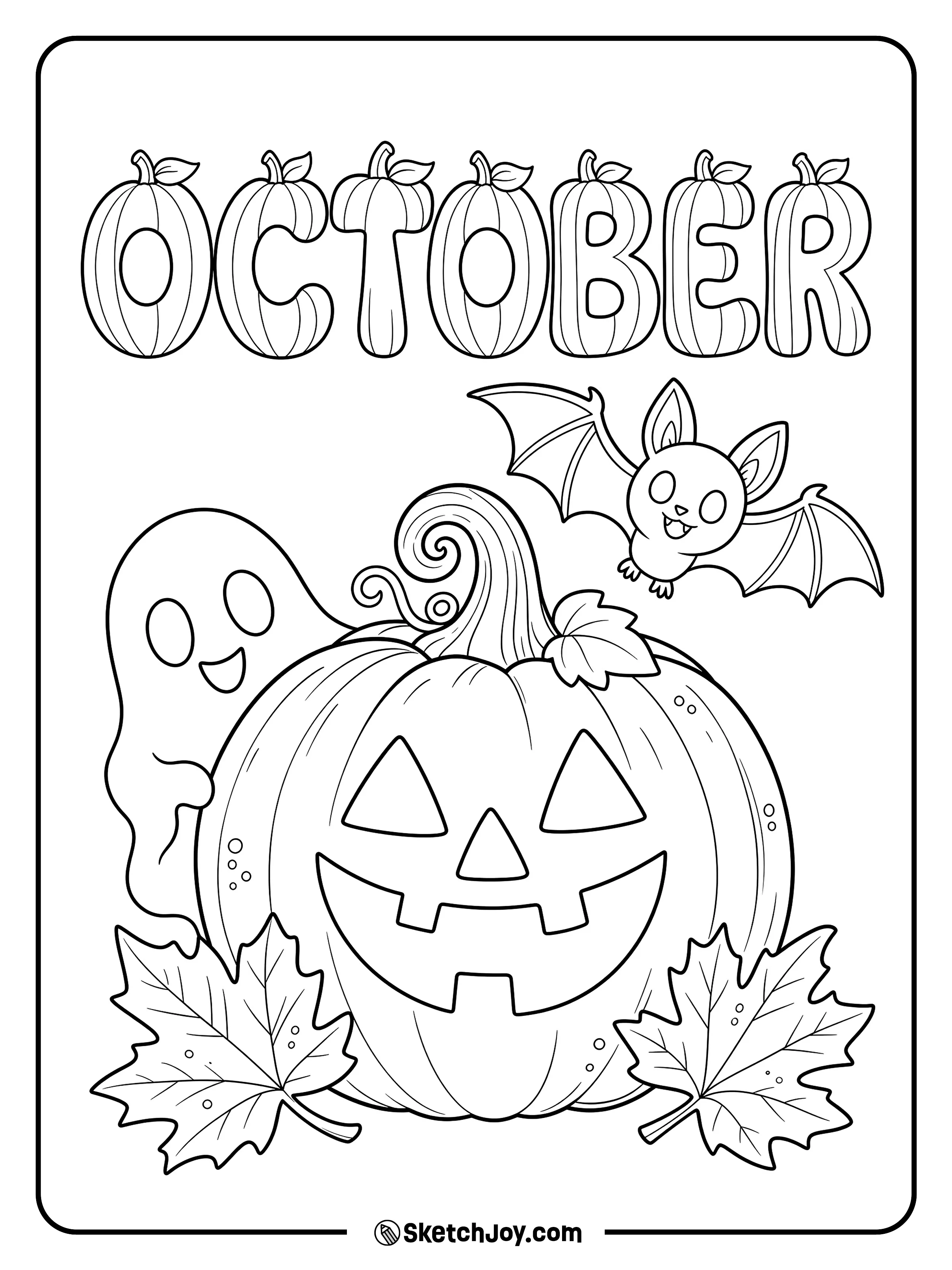 A smiling pumpkin, friendly ghost, and flying bat gather beneath pumpkin-shaped October letters.