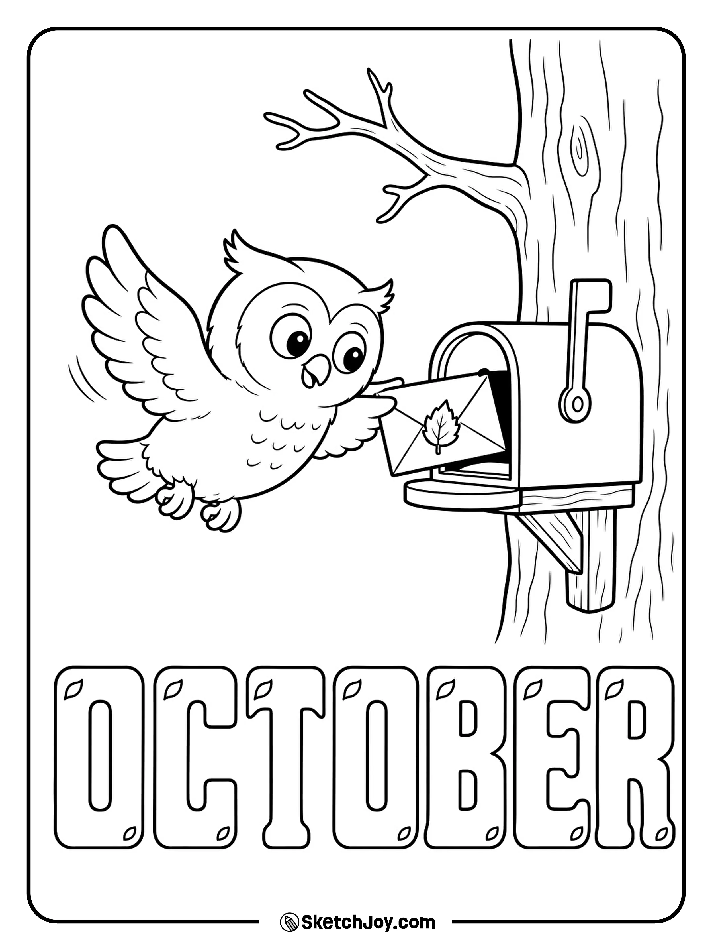 An owl slips an envelope with a leaf seal into a mailbox on a tree.