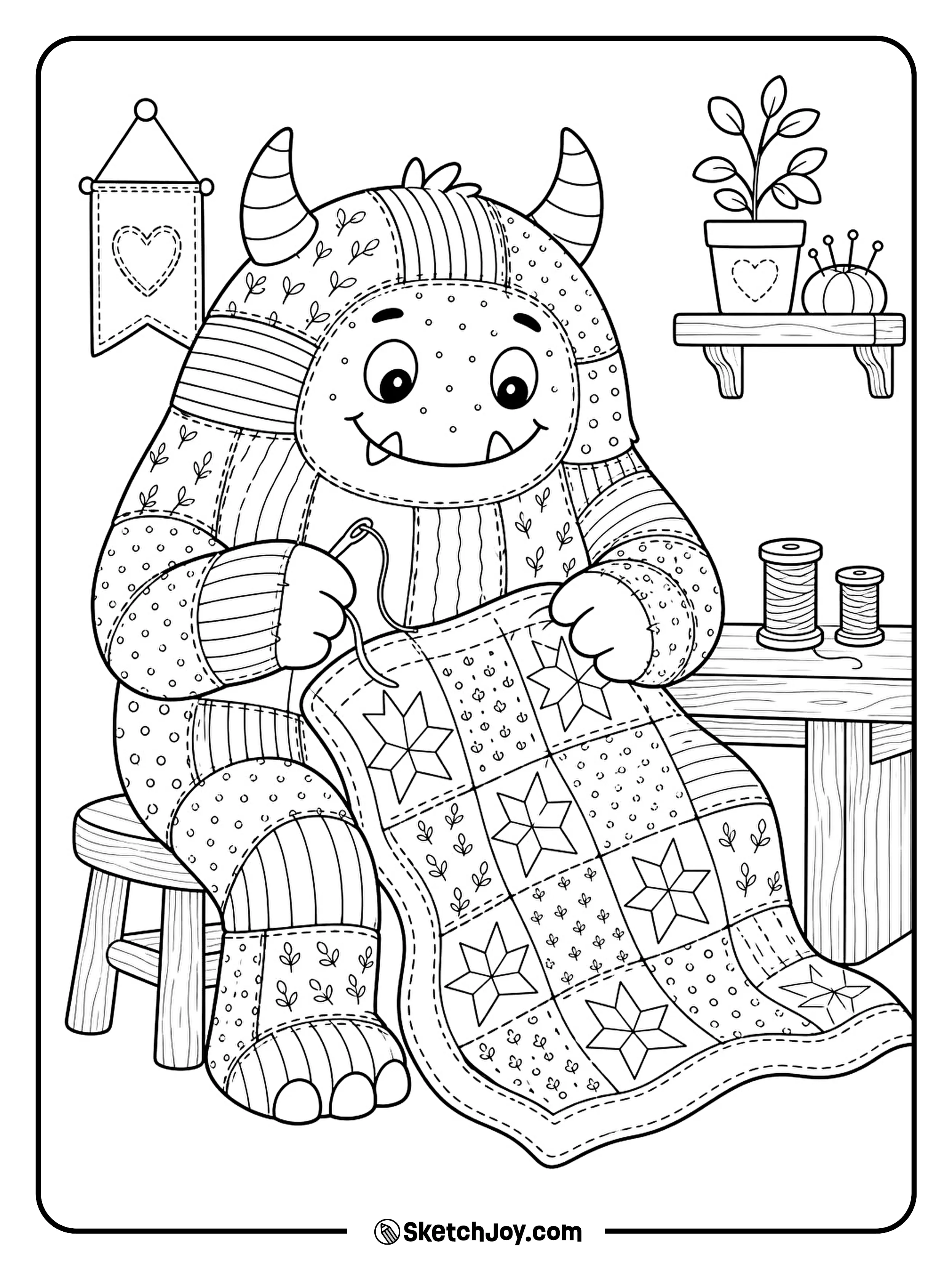 A patchwork monster sews a star quilt beside two chunky thread spools.
