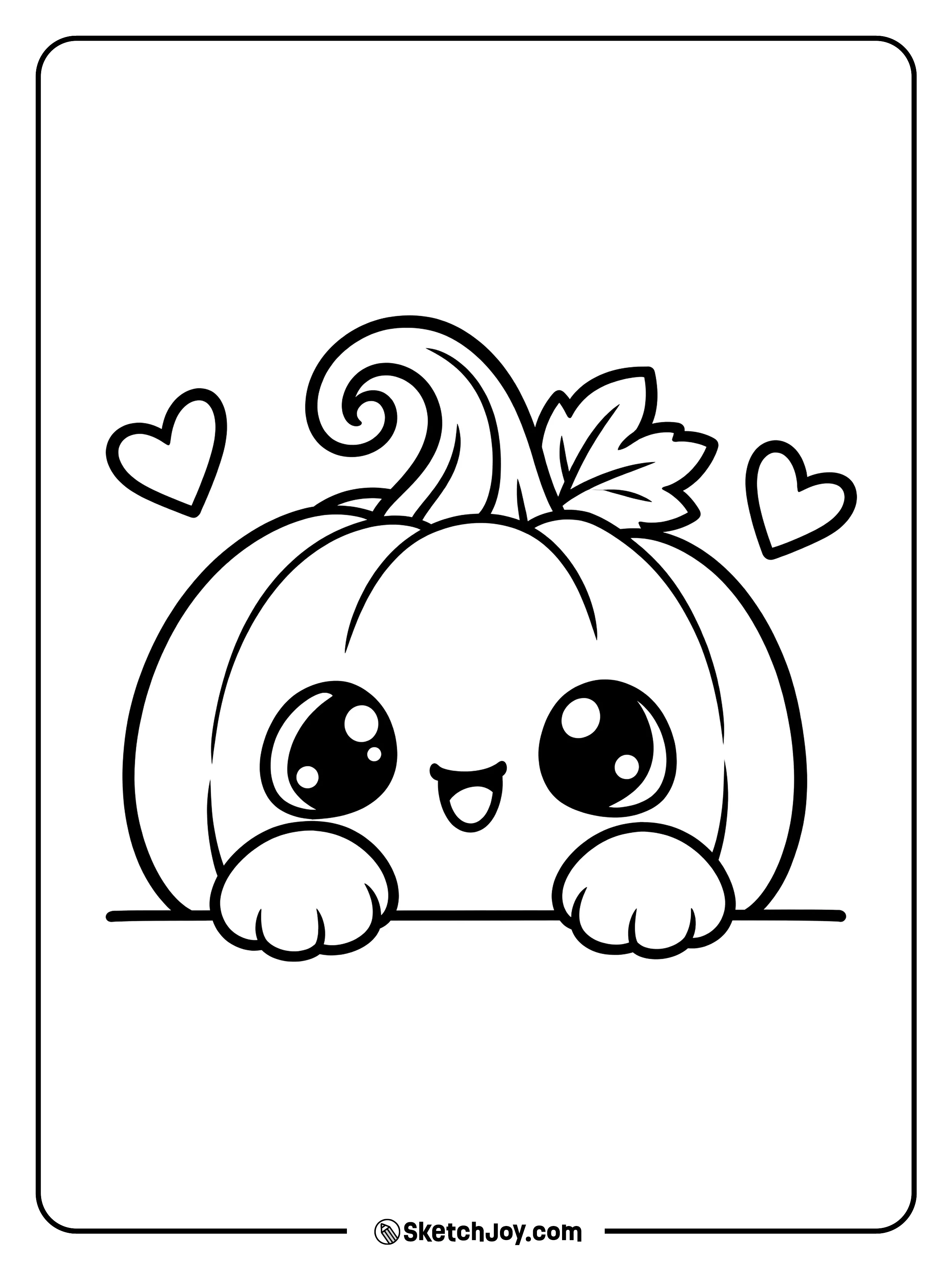 A little pumpkin peeks over an edge while two hearts float above.