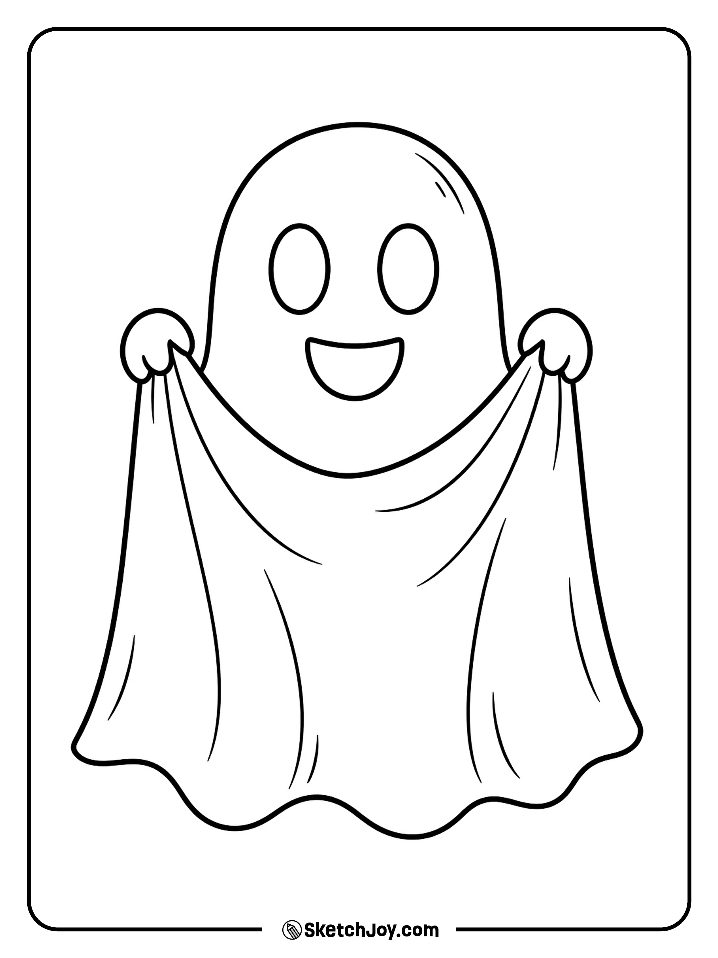 A shy little ghost lifts its wavy hem to hide a playful smile.