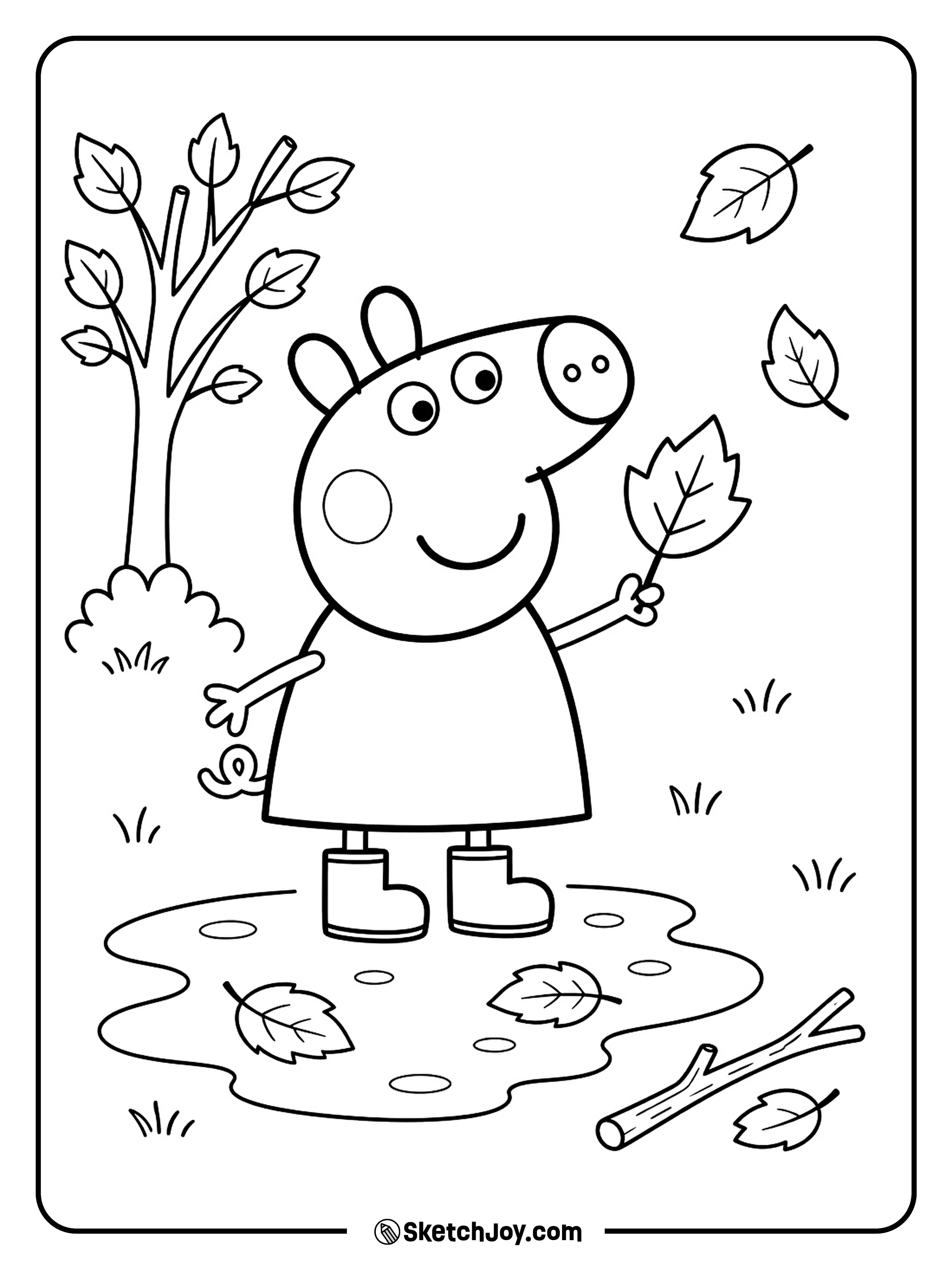 Peppa Pig stands in rain boots beside a tiny fall puddle.