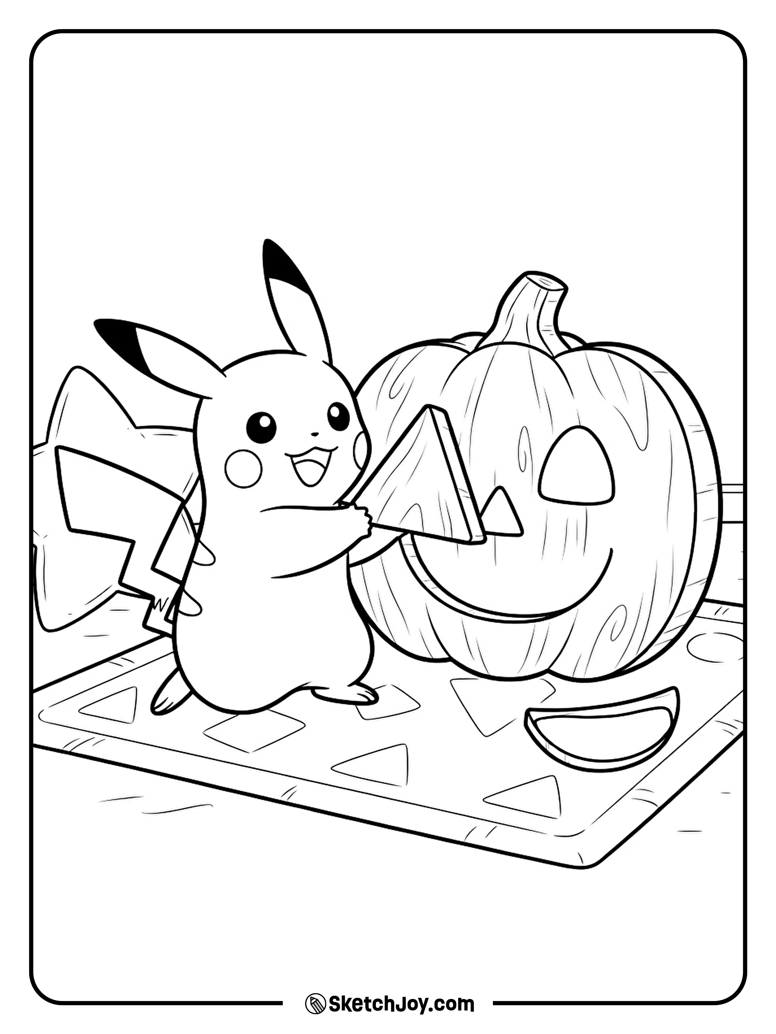 Pikachu fits a triangle into a giant pumpkin face puzzle.
