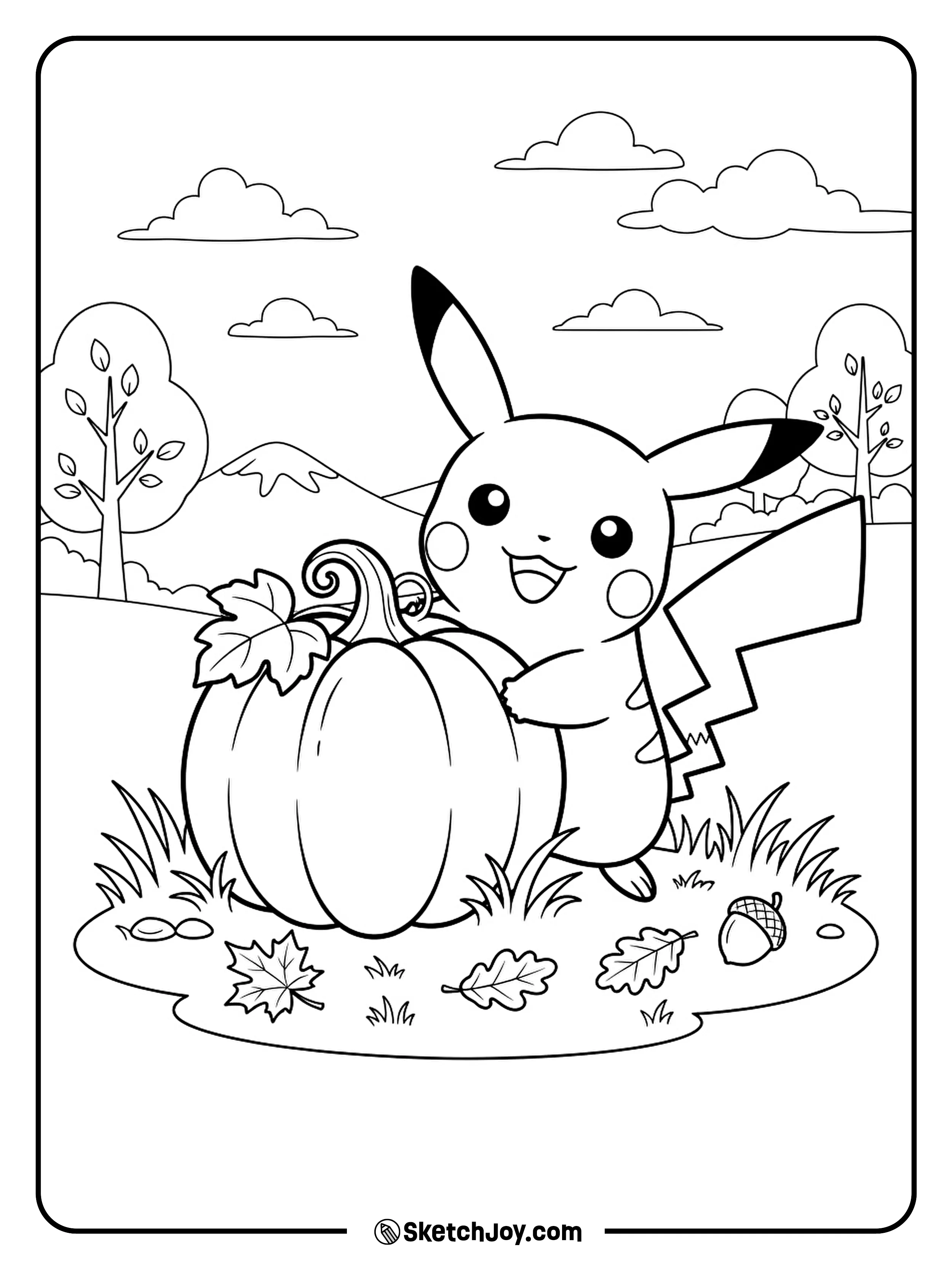 Pikachu peeks around a pumpkin with happy autumn energy.