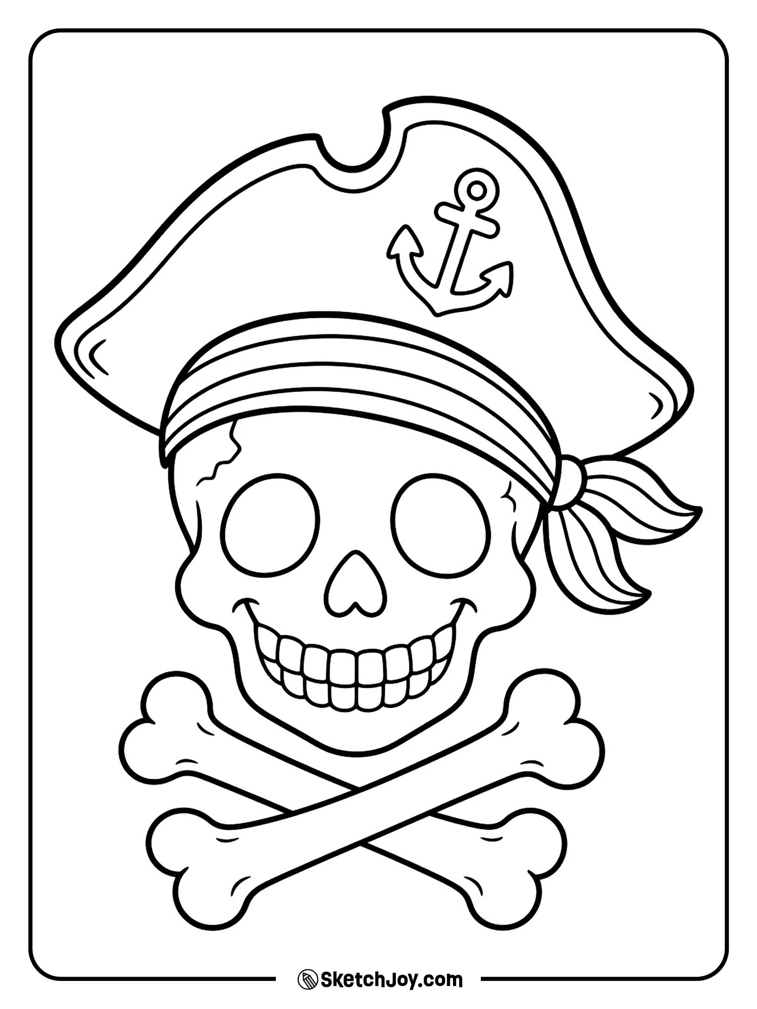 A grinning skull wears a crooked pirate hat with a small anchor badge.