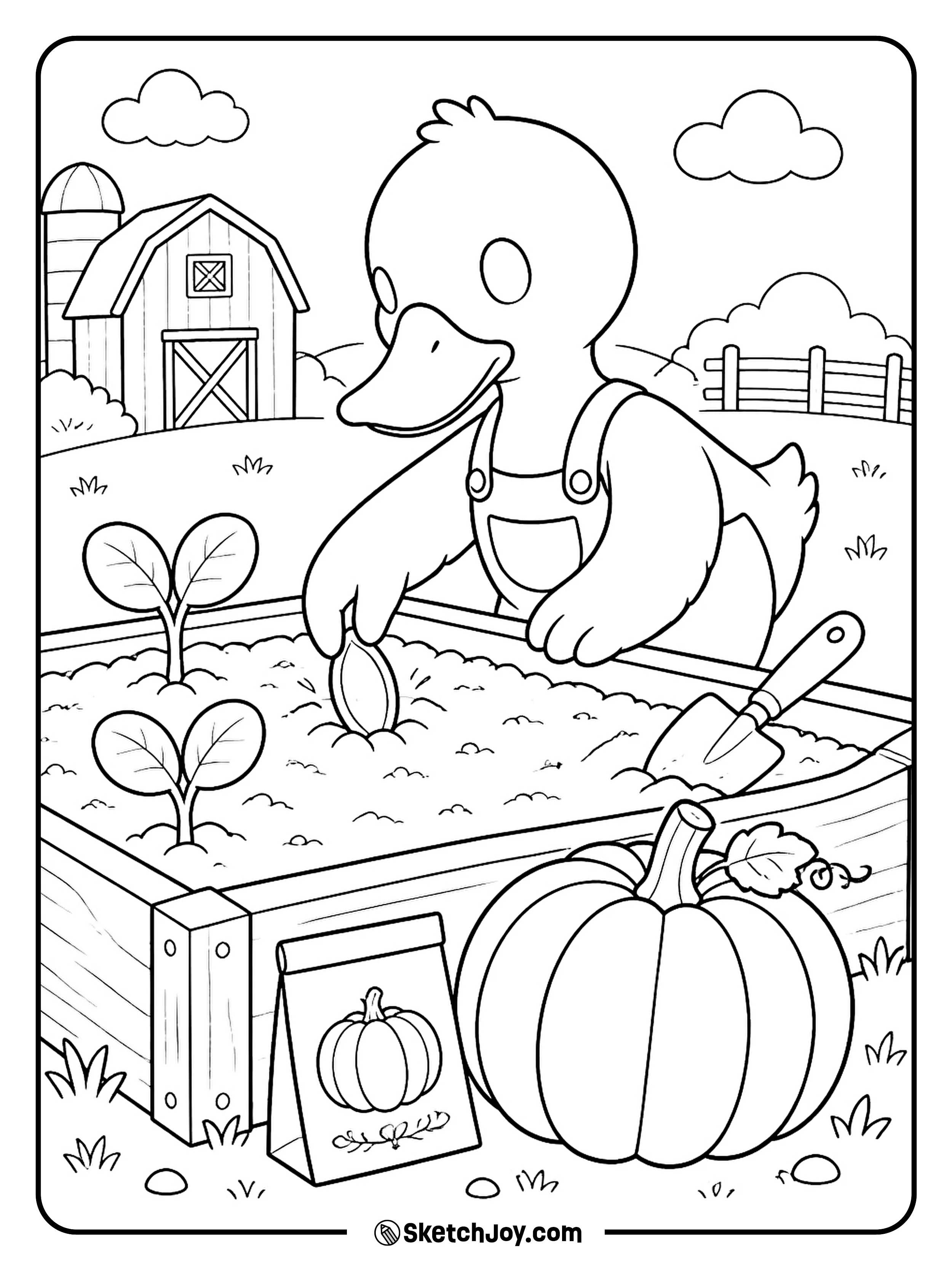 A duck plants a pumpkin seed beside two tiny sprouts.
