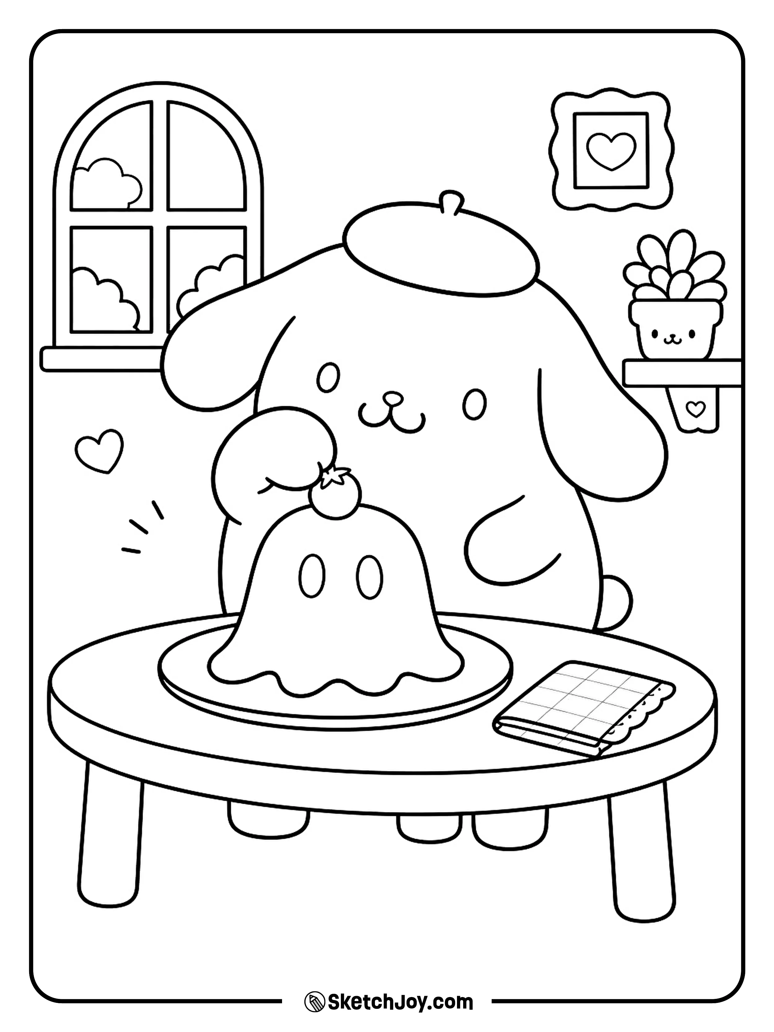 Pompompurin places a berry on top of a smiling ghost pudding.