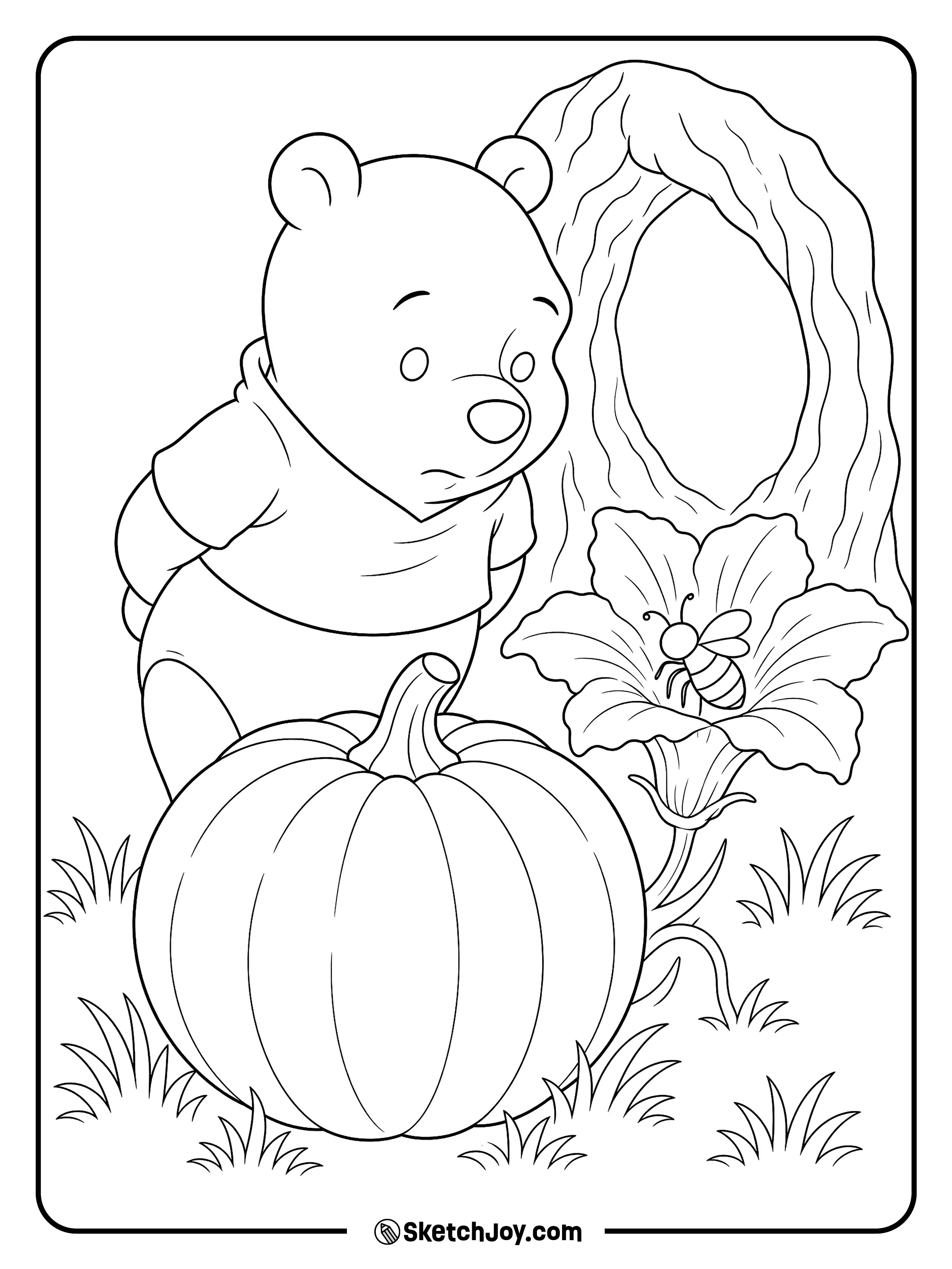 Pooh watches a little bee resting in a pumpkin flower.