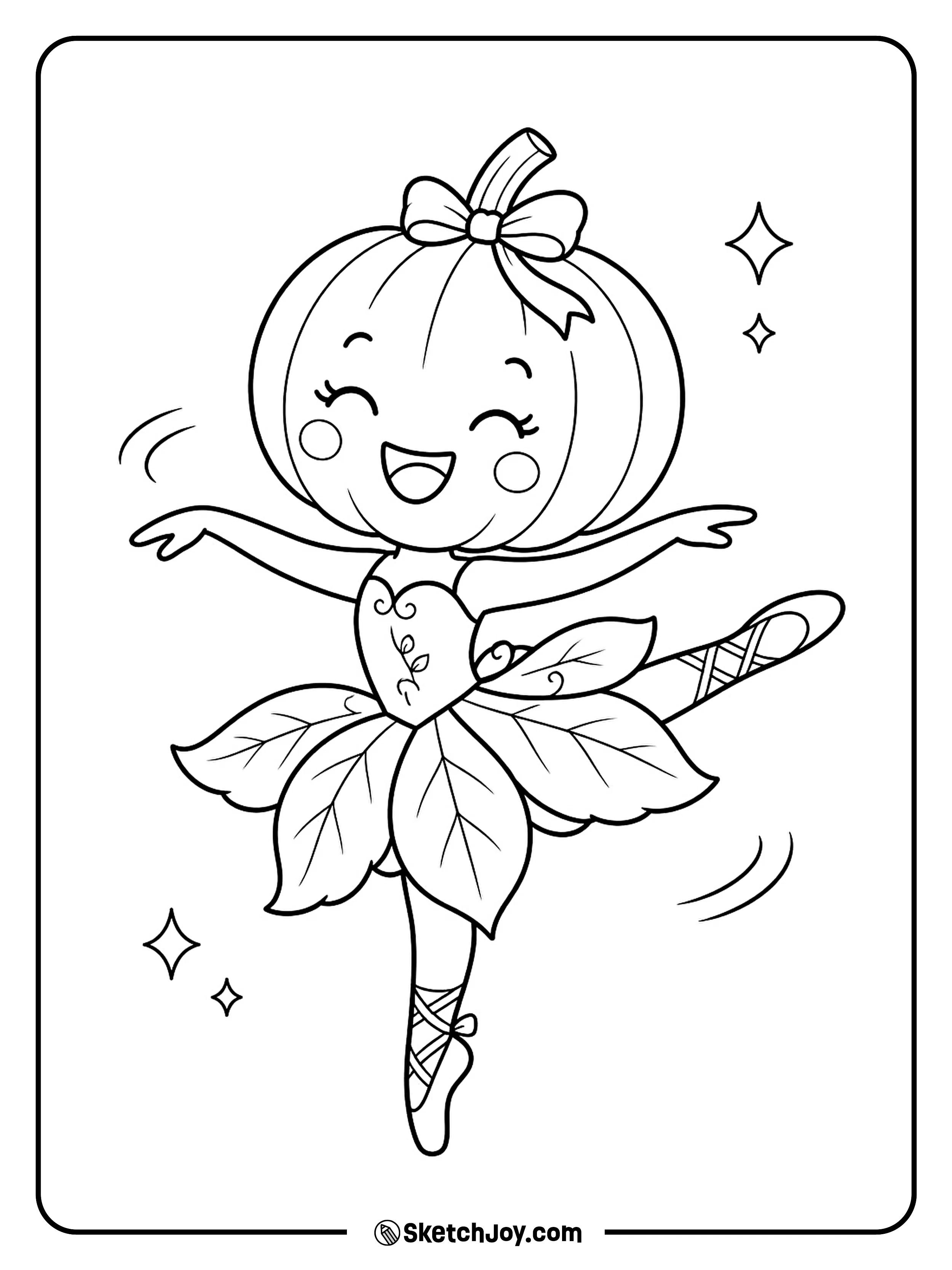 A pumpkin dancer spins in a skirt made from wide leaves.
