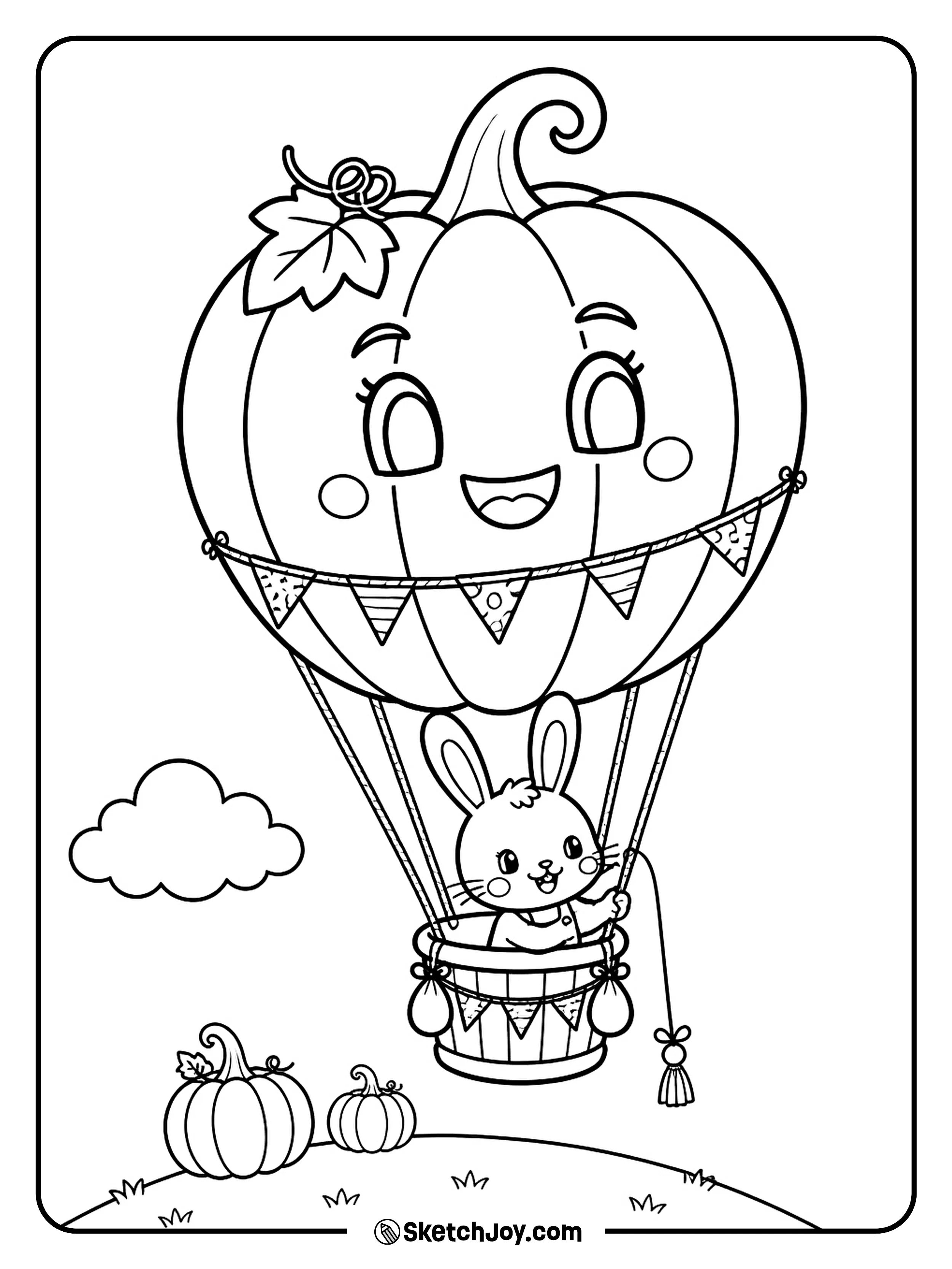A bunny takes off in a giant pumpkin balloon.