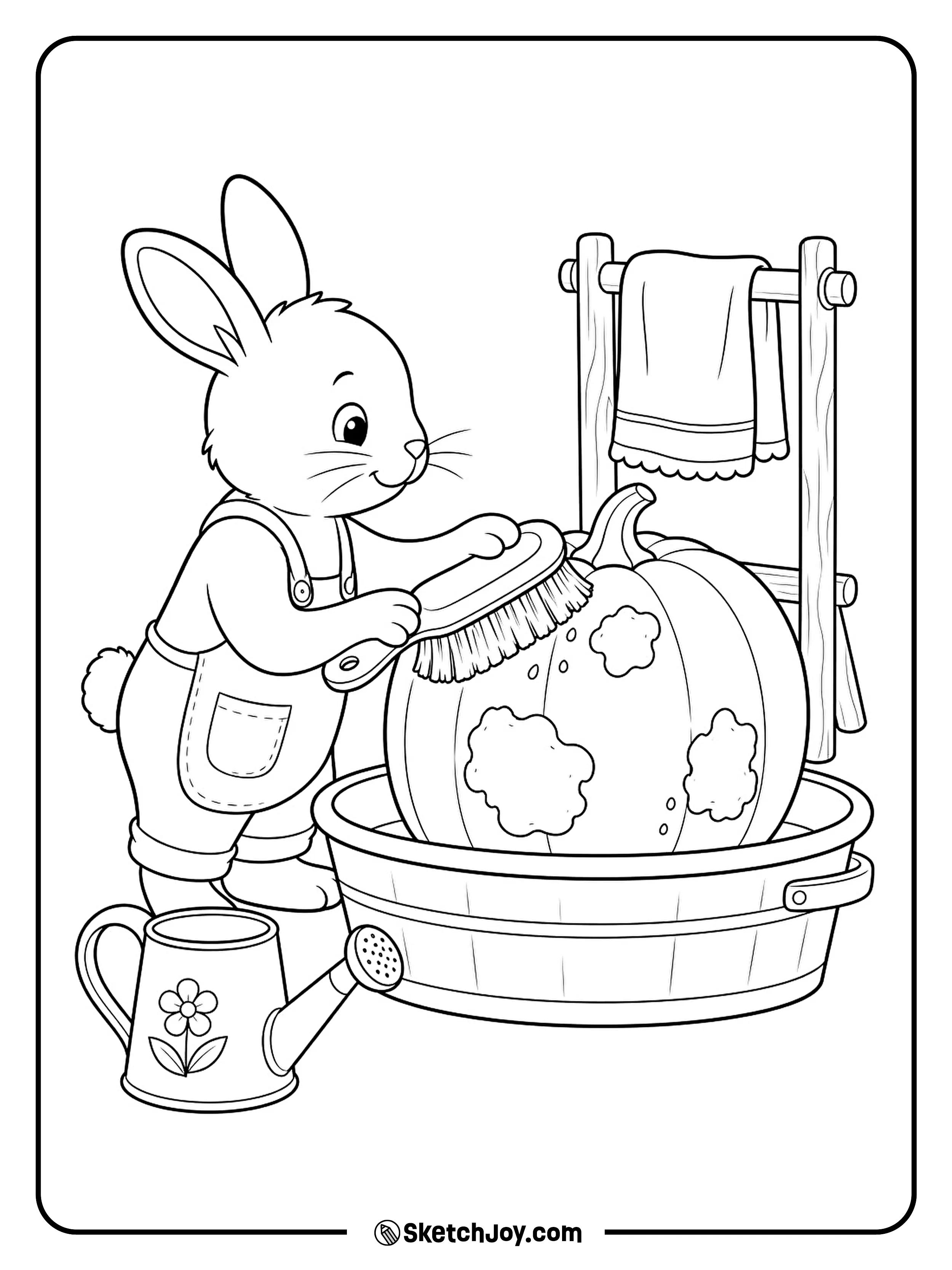 A rabbit brushes garden dirt from a pumpkin in a wash tub.