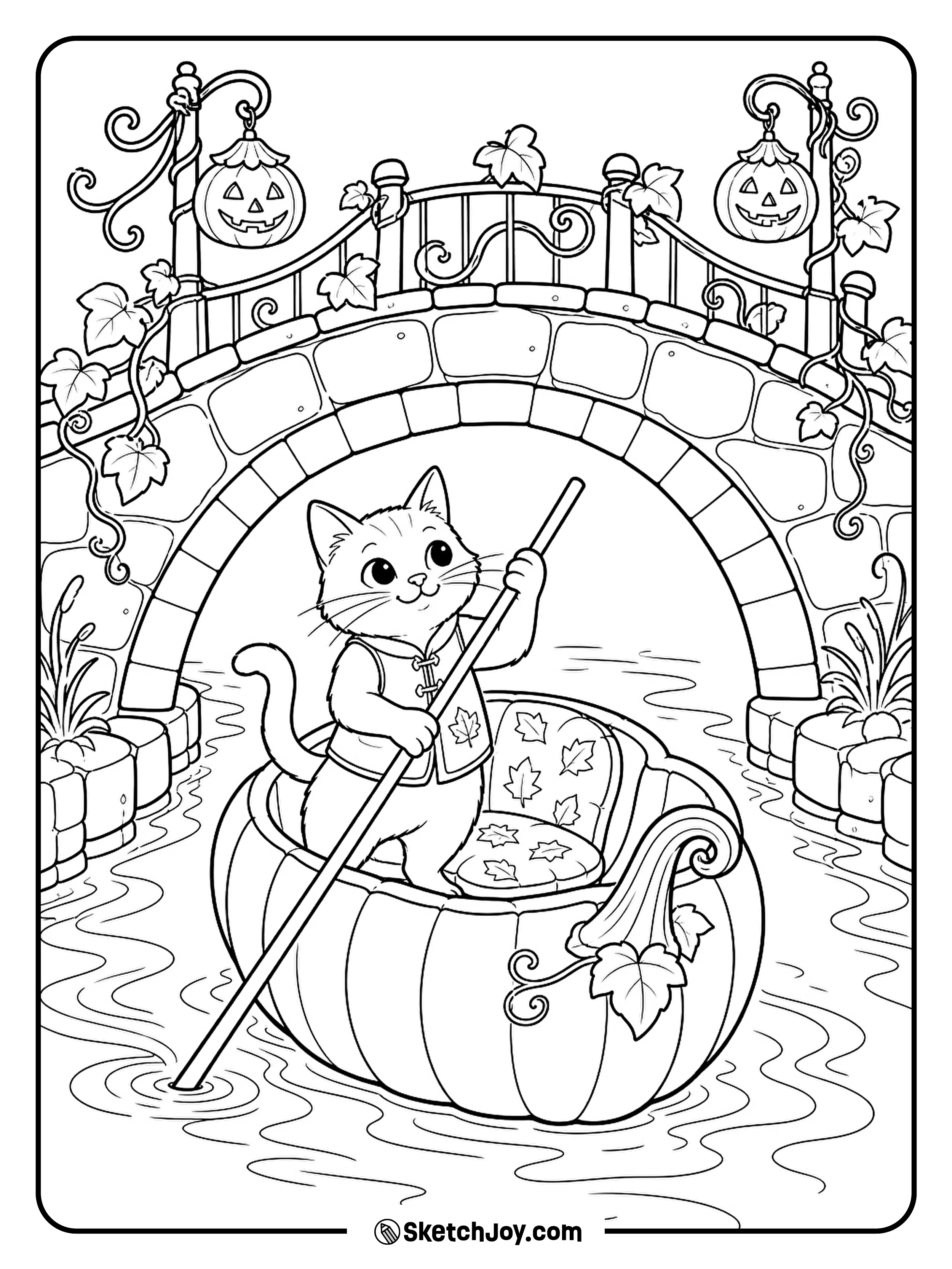 A cat steers a pumpkin boat beneath a curved stone bridge.