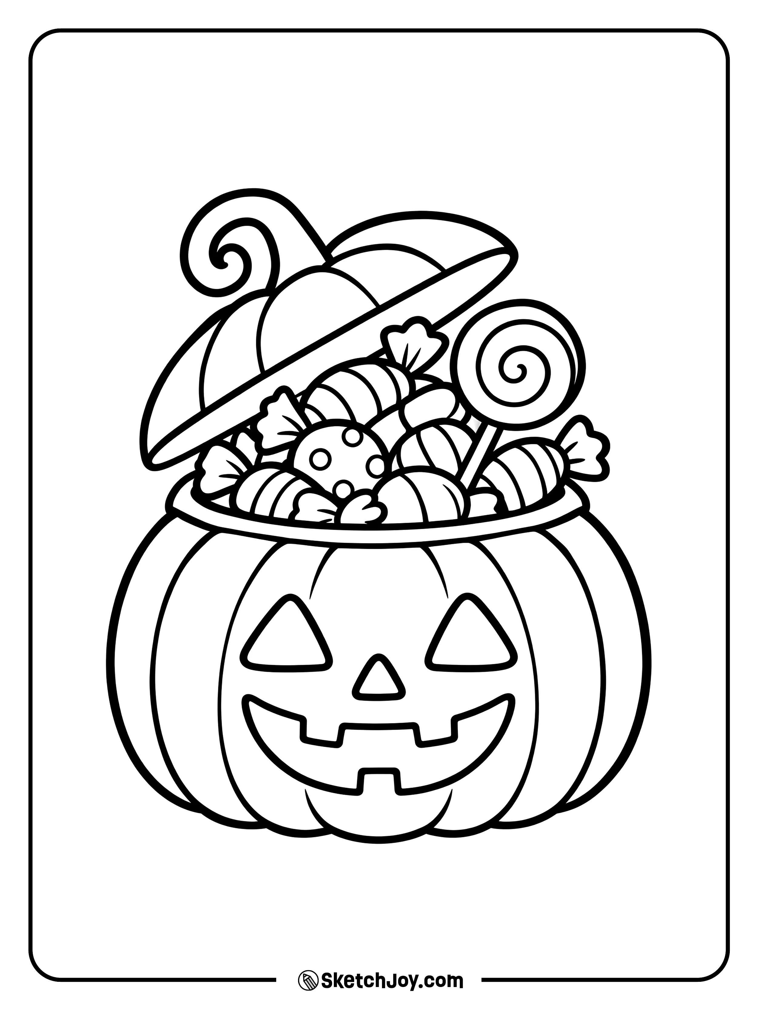 Wrapped sweets and a swirled lollipop fill a smiling pumpkin with its lid tipped open.