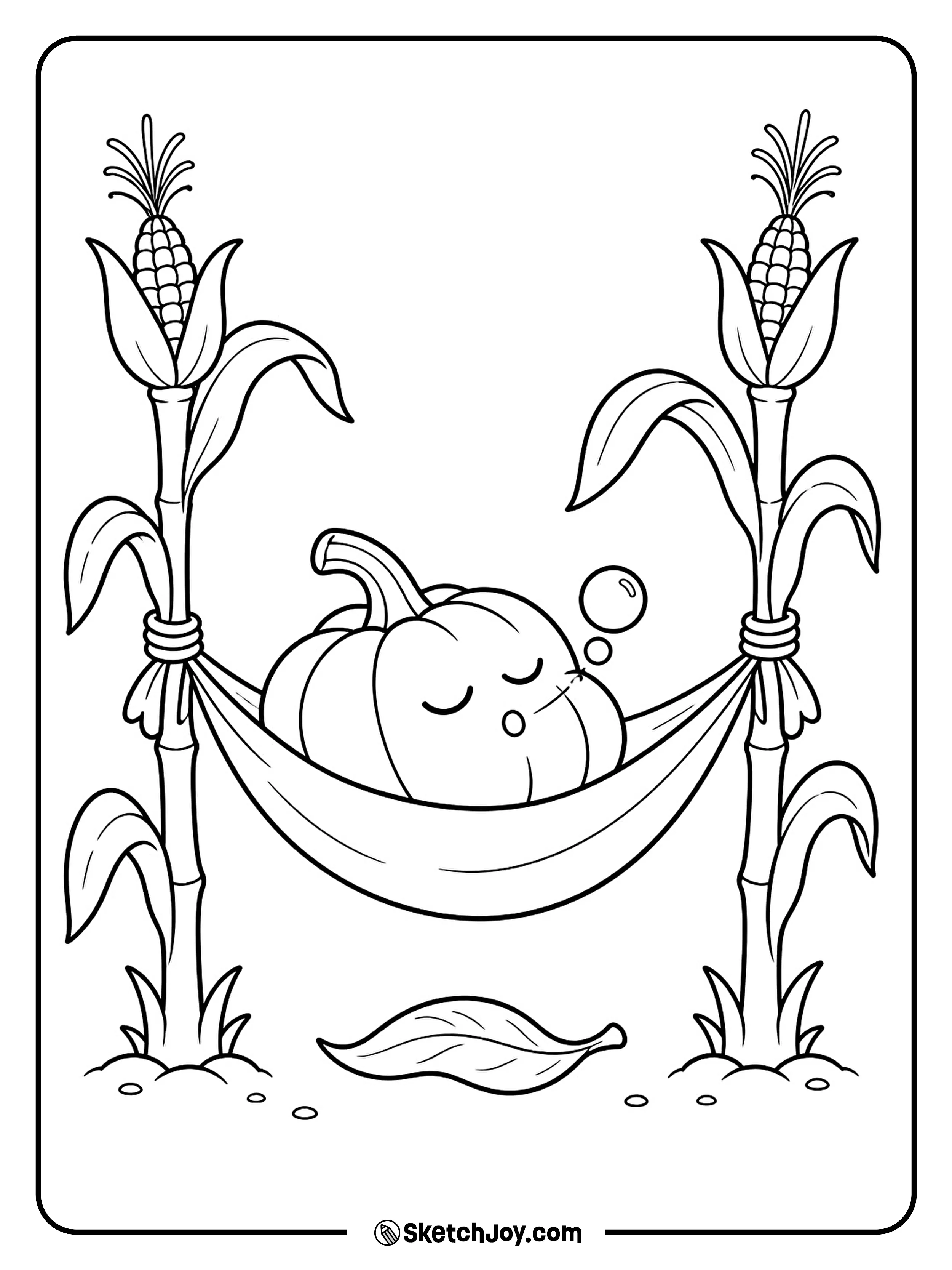 A sleepy pumpkin rests in a hammock between two corn stalks.