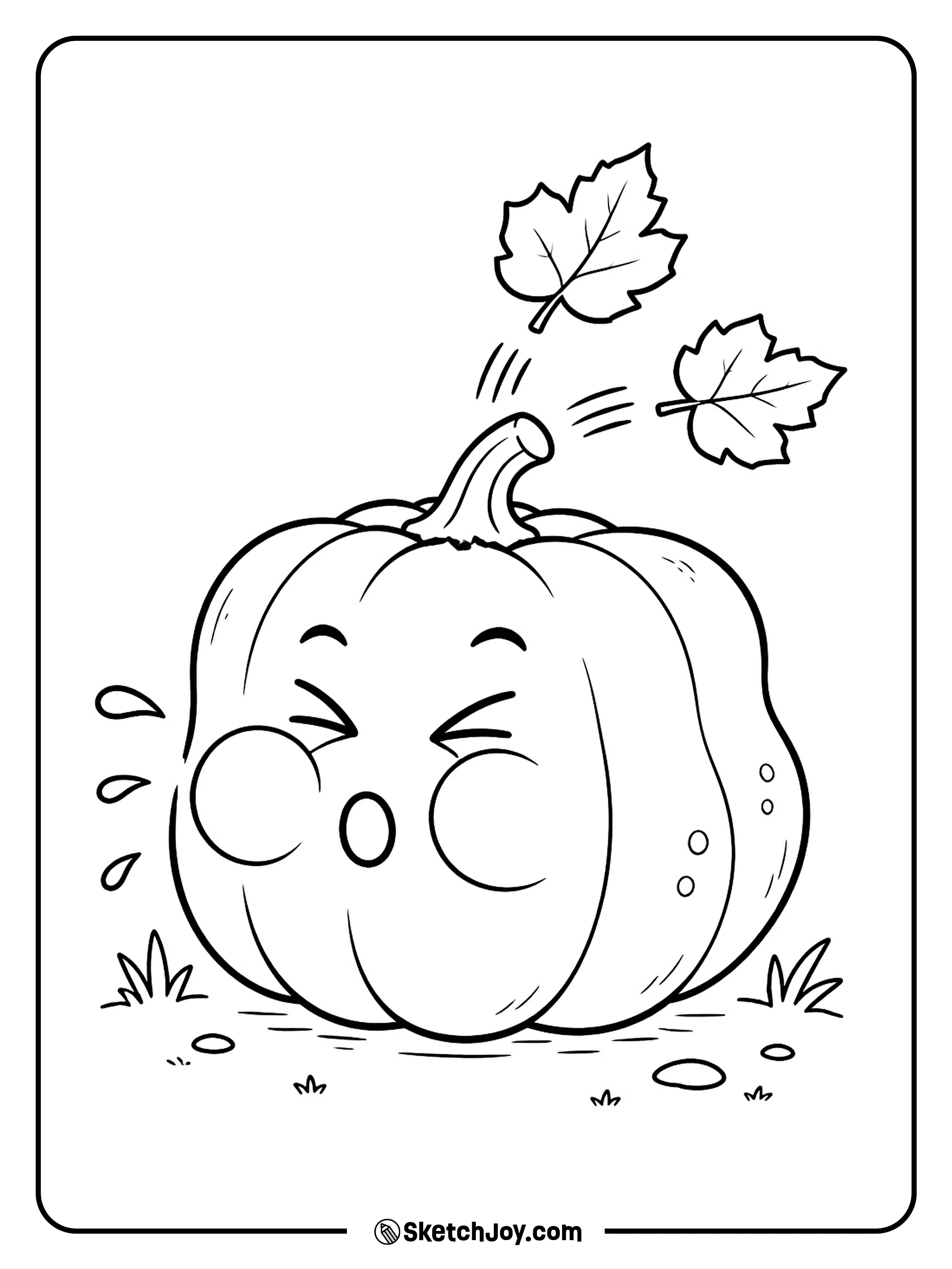 A surprised pumpkin sneezes two loose leaves into the air.