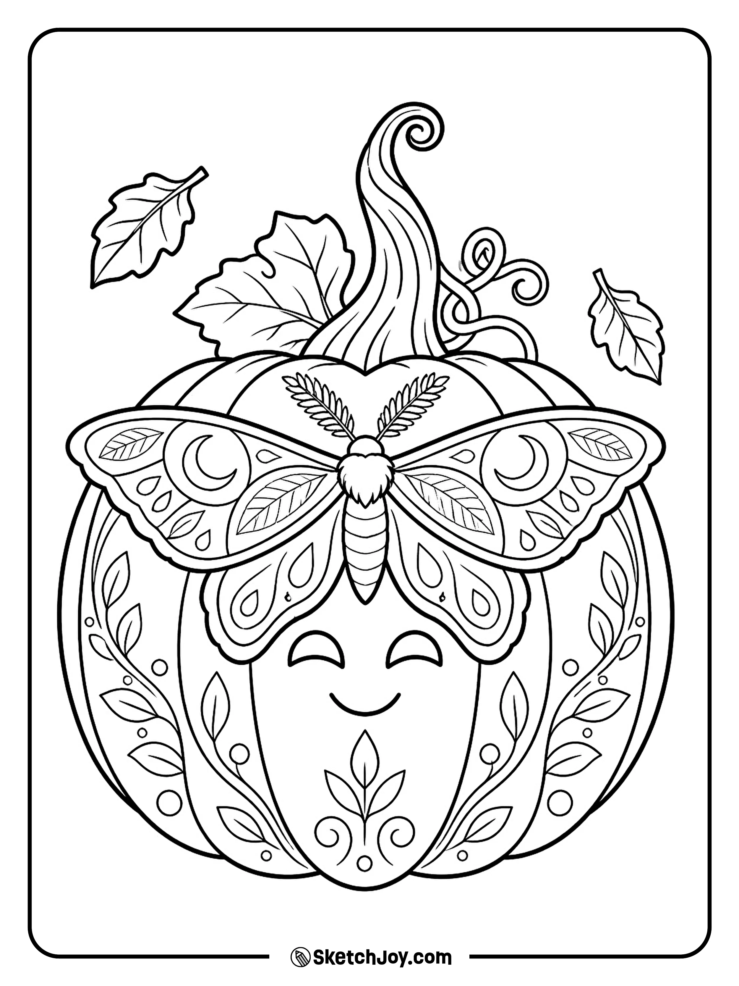 A patterned moth lands across a pumpkin's face like a fancy mask.