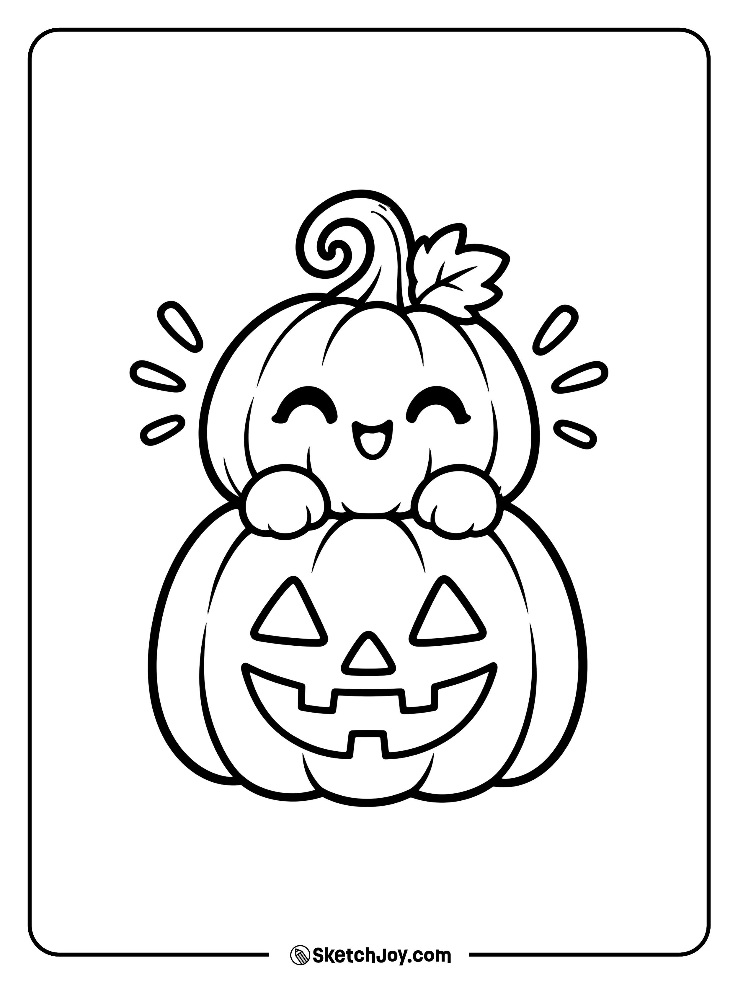 A giggling little pumpkin sits on top of a grinning jack-o'-lantern.