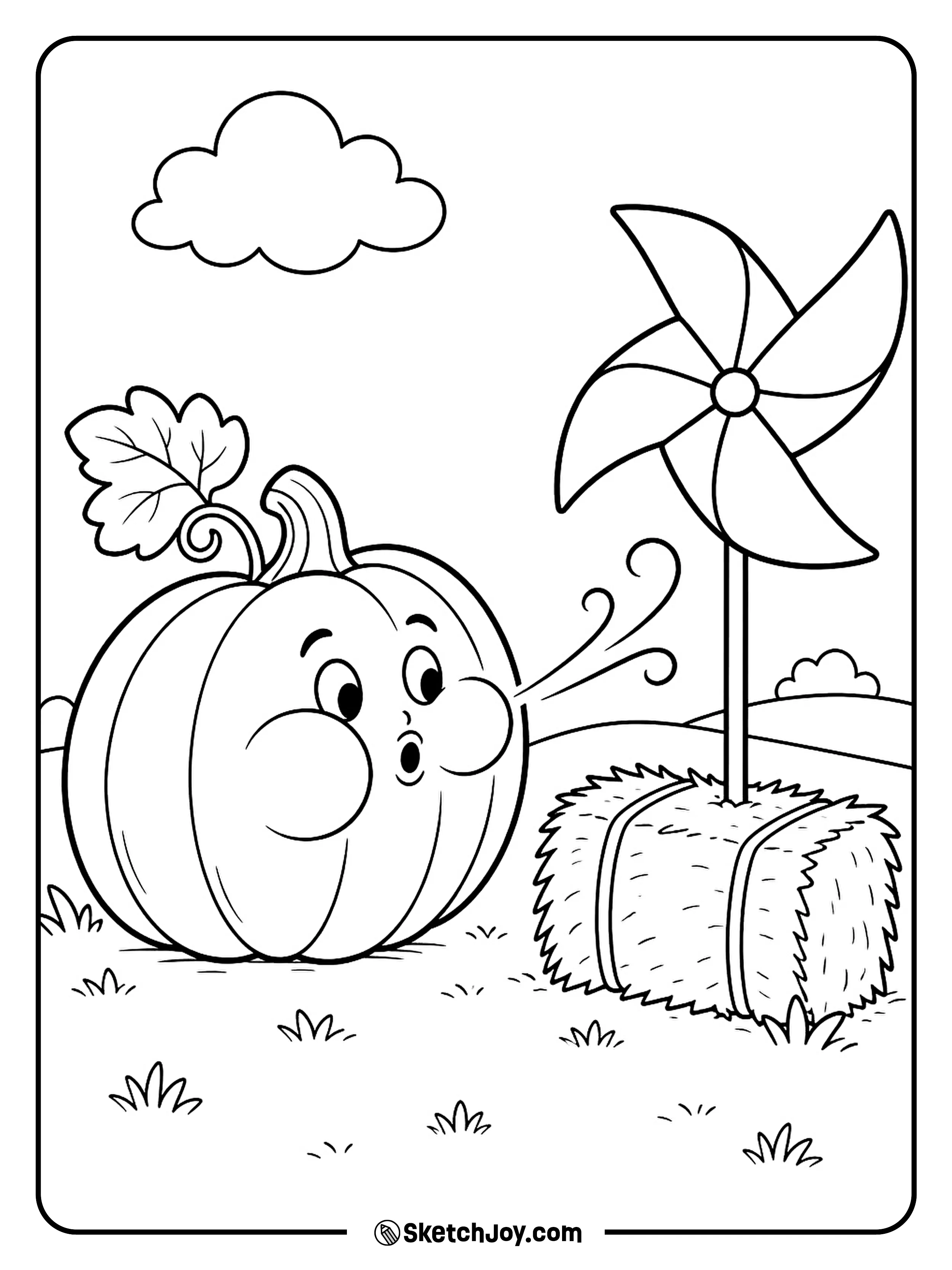A smiling pumpkin blows a pinwheel around in the fall breeze.