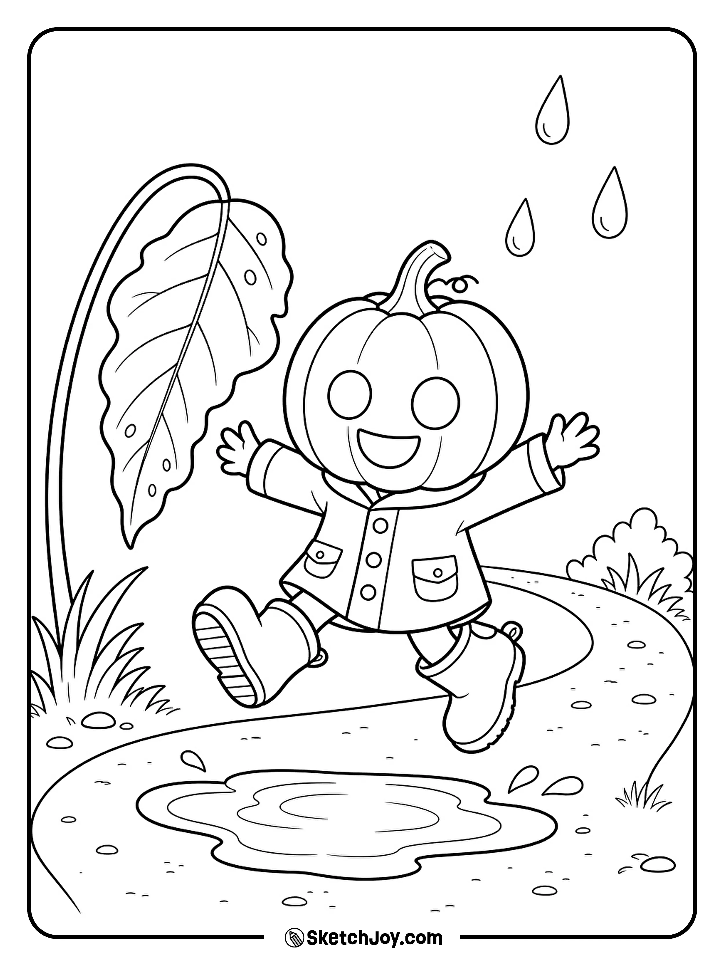 A happy pumpkin jumps over a puddle in bright rain boots.