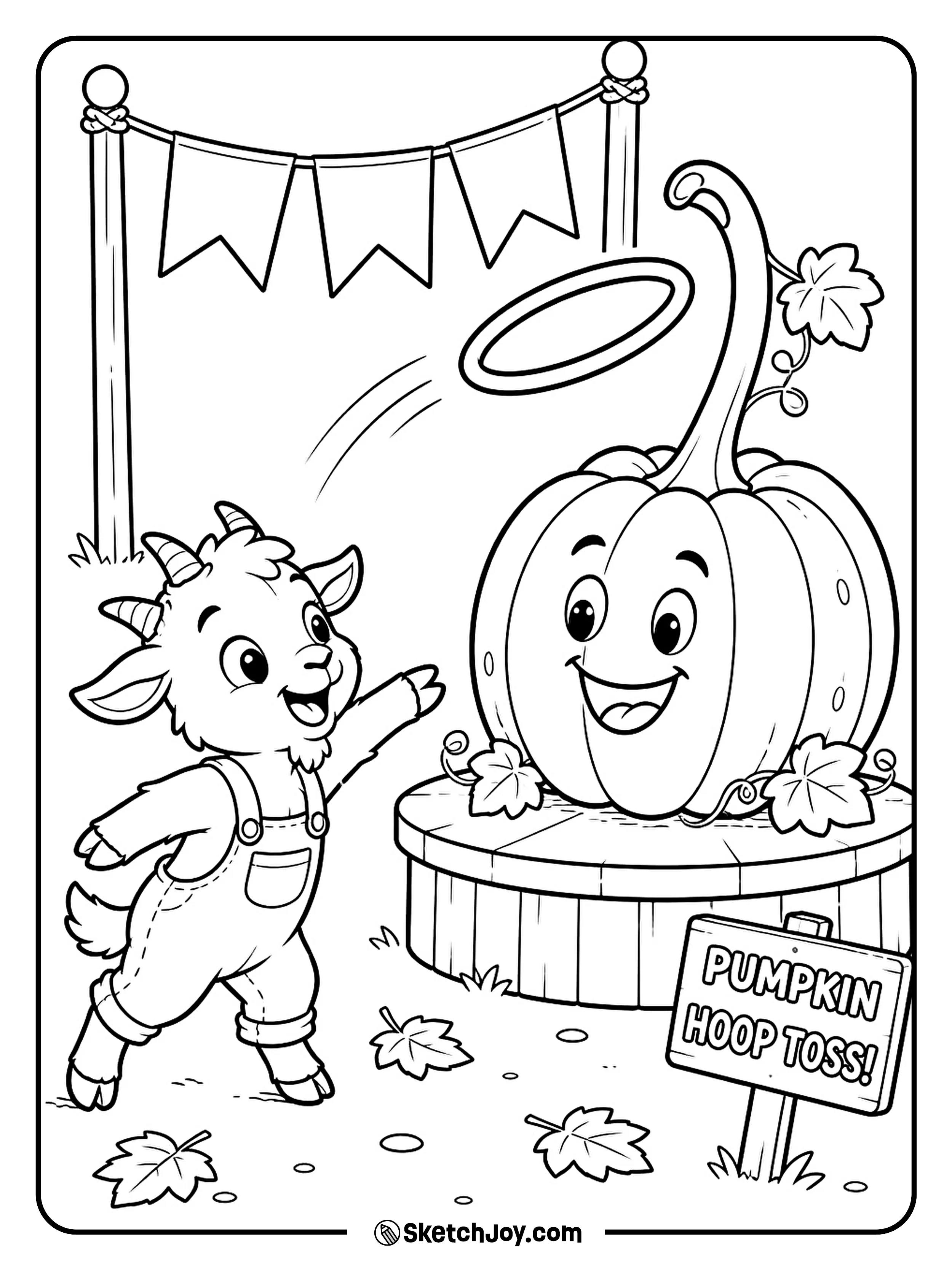 A little goat aims a large ring at a pumpkin's tall stem.