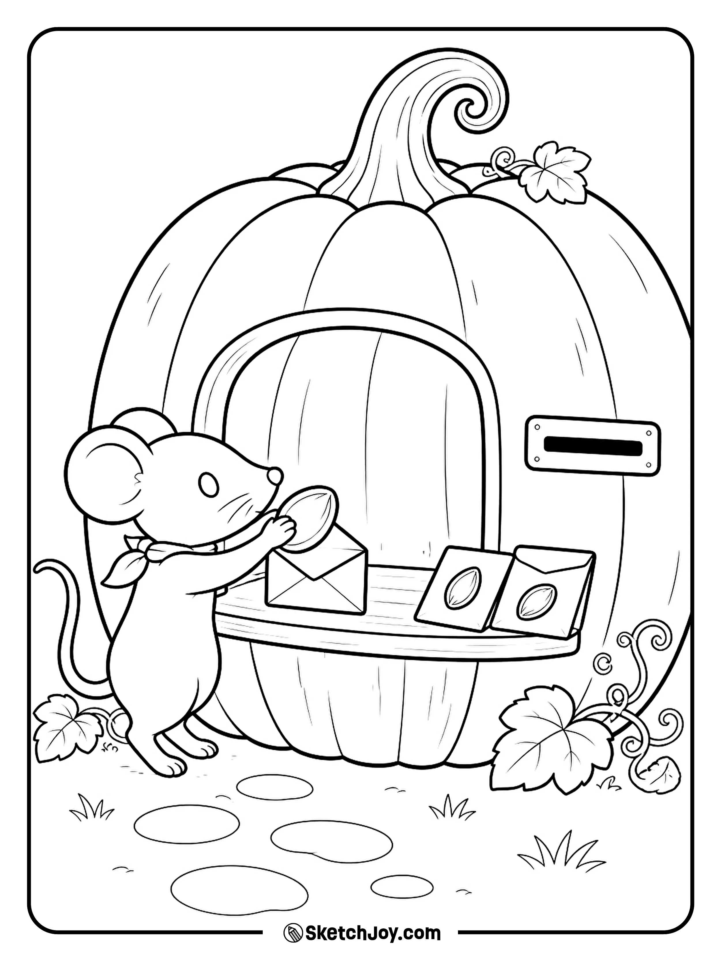 A mouse packs a pumpkin seed into a tiny letter.
