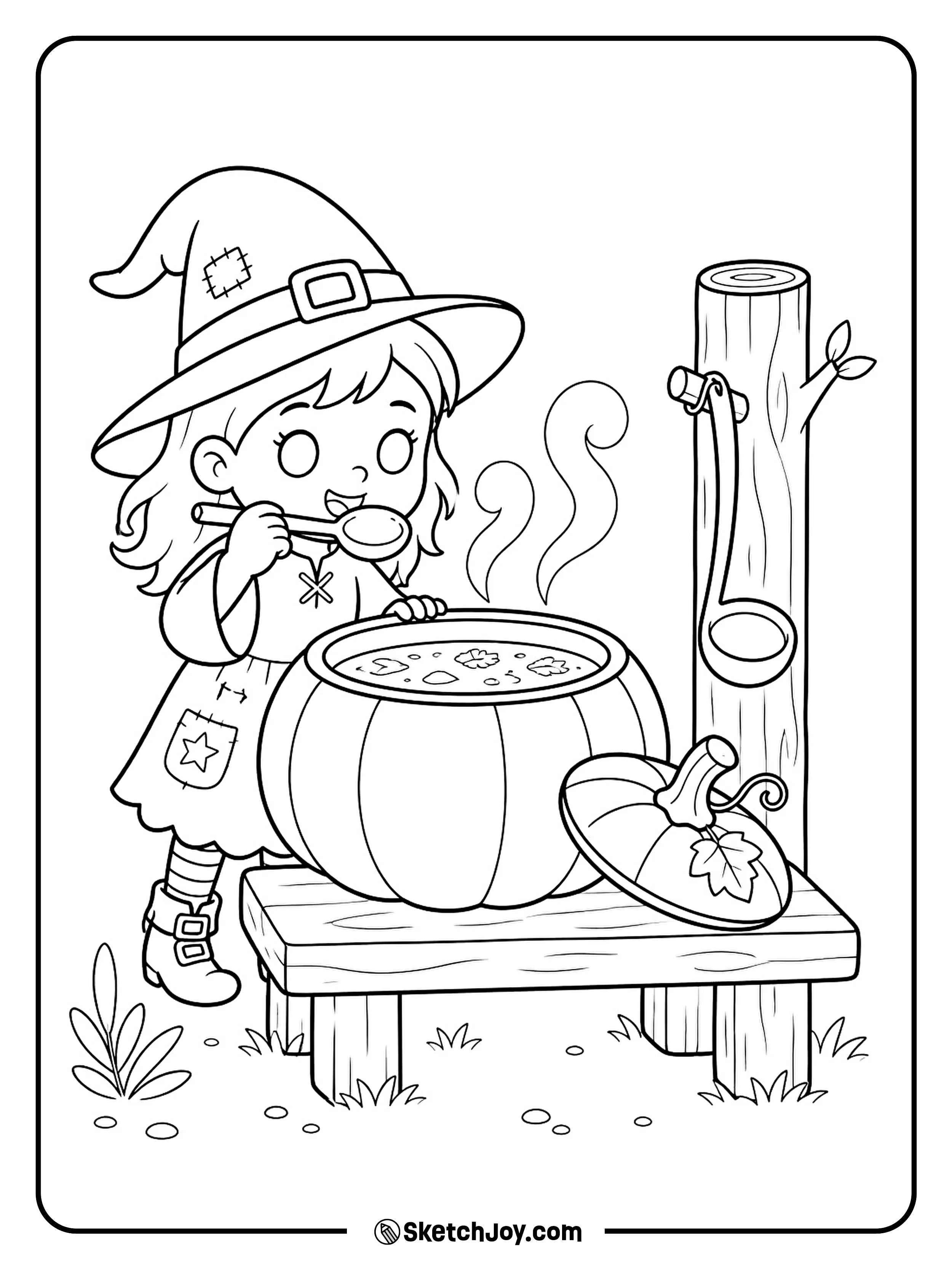A little witch tastes warm soup from a giant pumpkin bowl.
