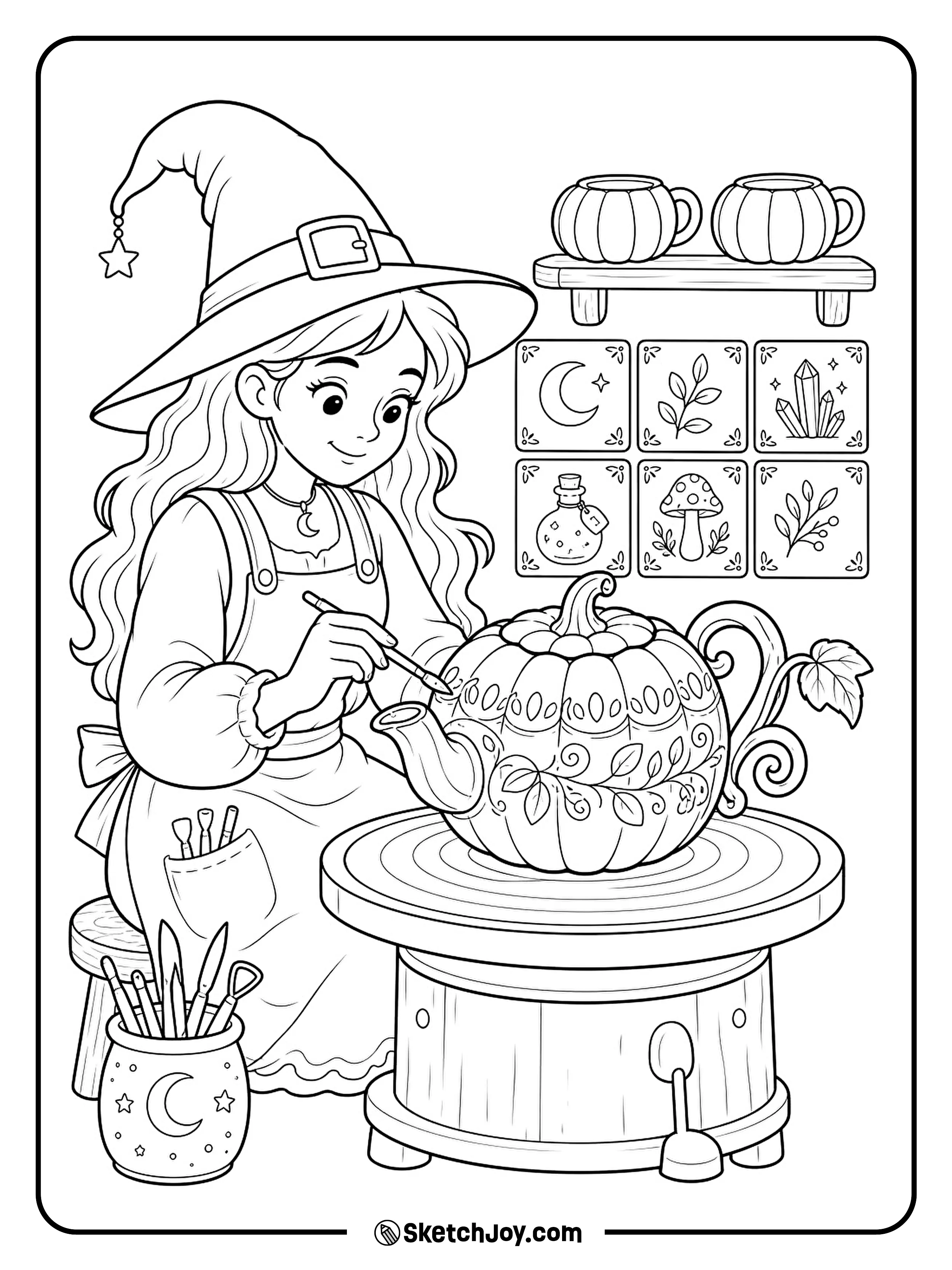 A witch shapes a pumpkin teapot with a curling vine handle.