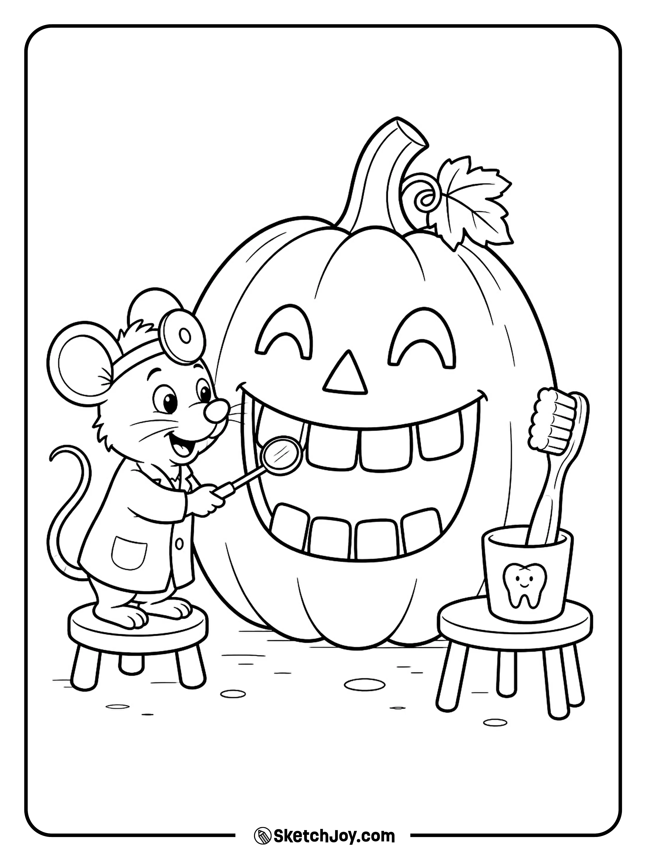 A mouse dentist checks the broad teeth in a pumpkin's grin.