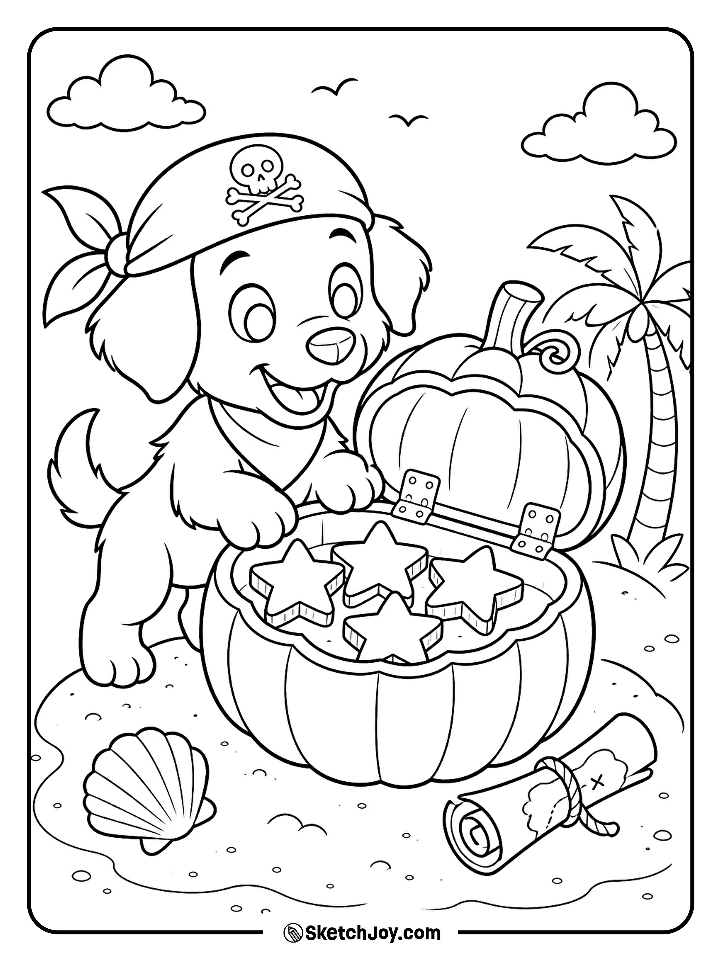A pirate puppy opens a pumpkin chest full of wooden stars.