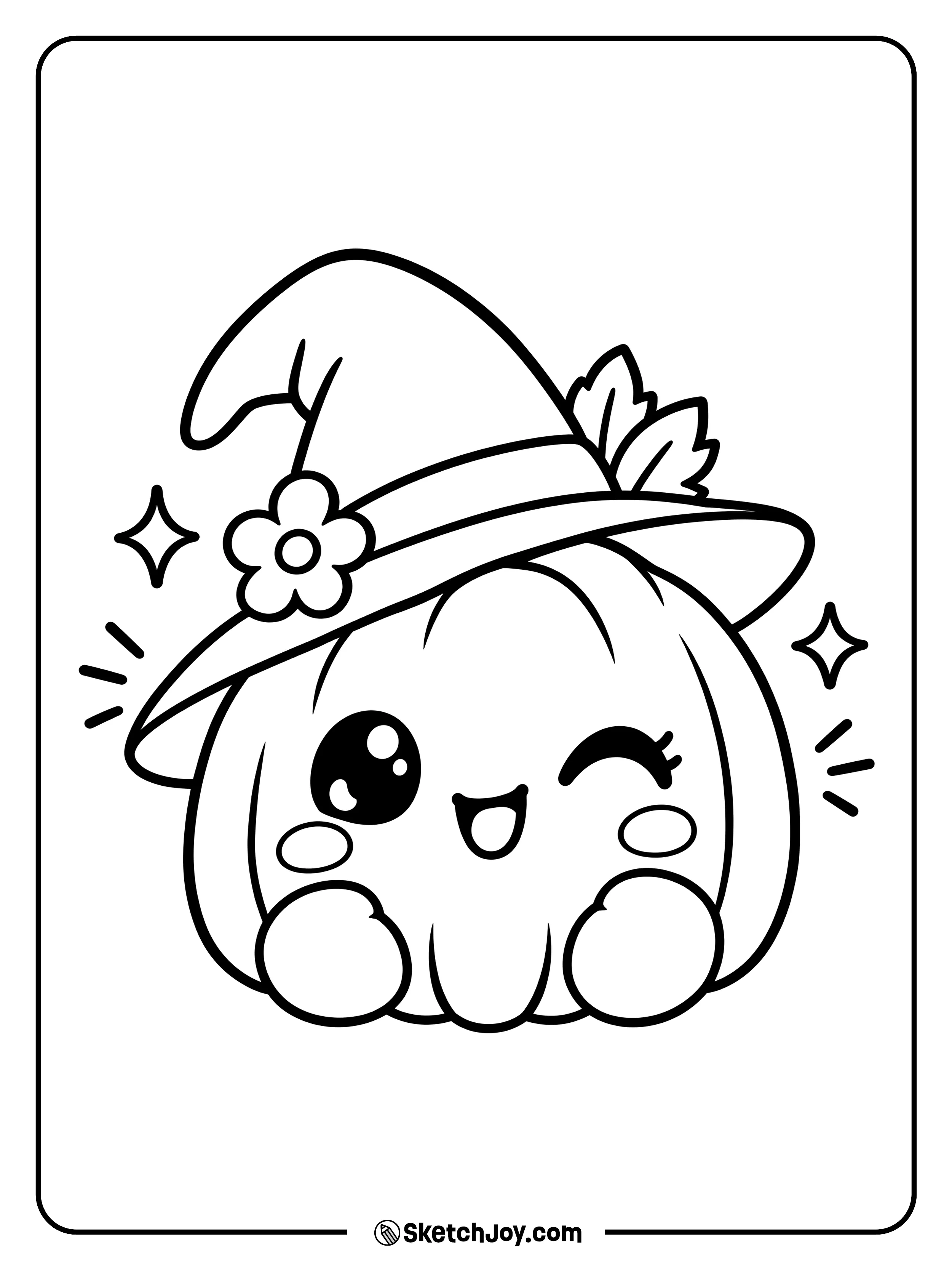 A cheerful pumpkin winks beneath a witch hat decorated with a flower and leaves.