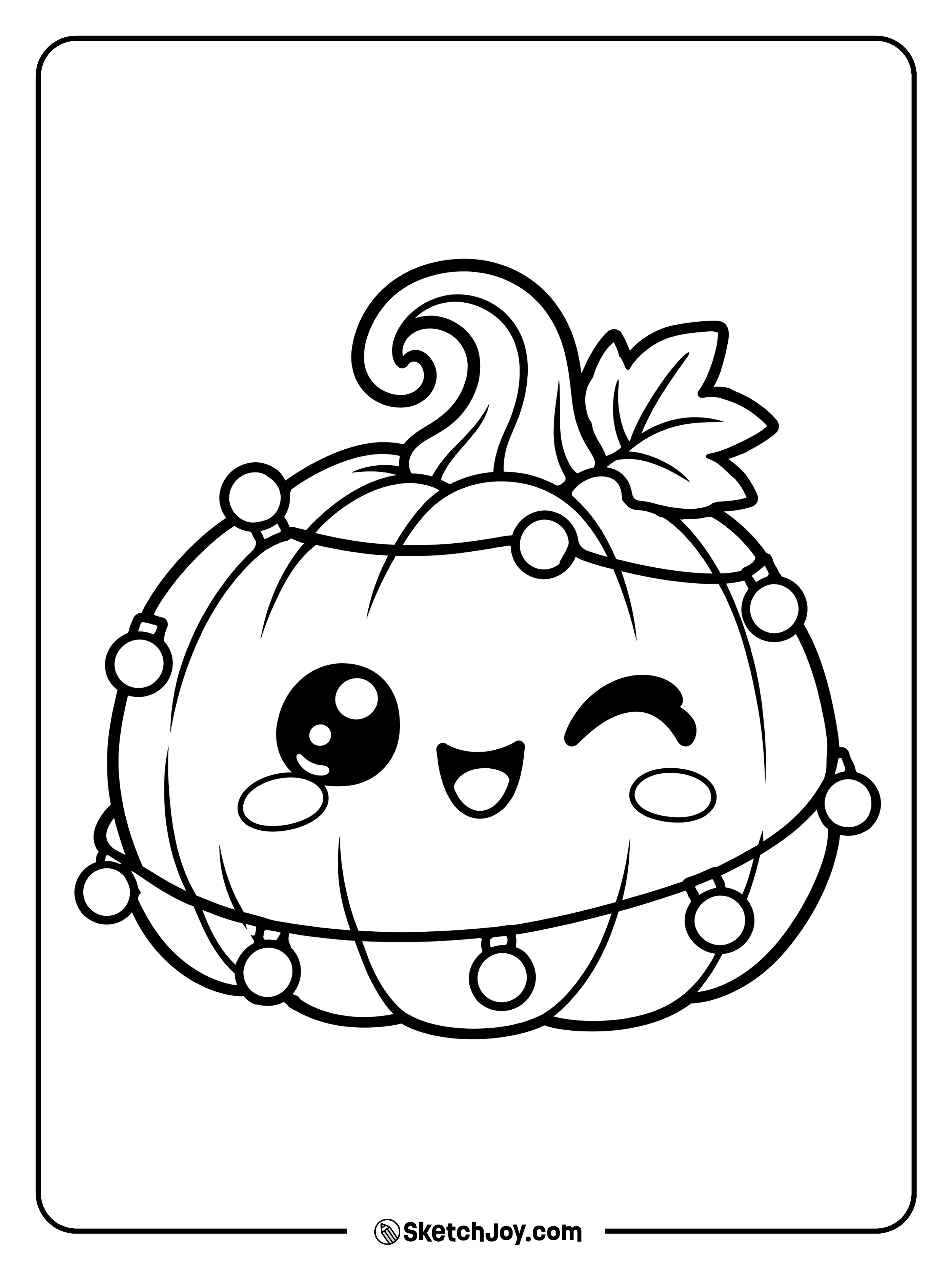A playful pumpkin winks beneath two loops of round fairy lights.