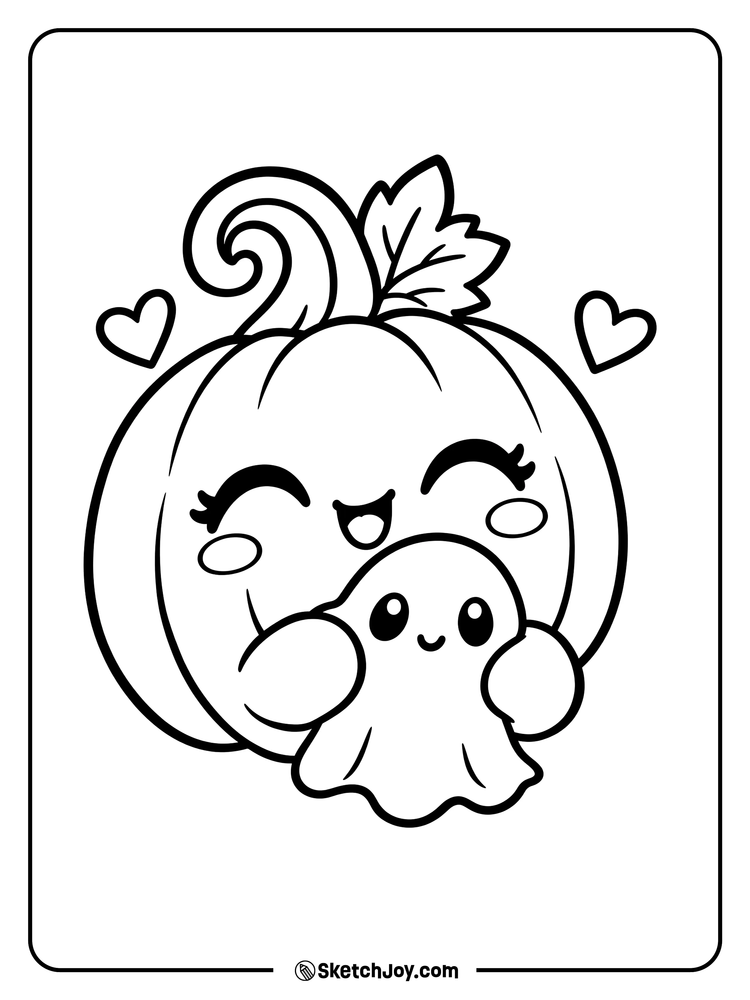 A happy pumpkin hugs a tiny ghost as two hearts float nearby.