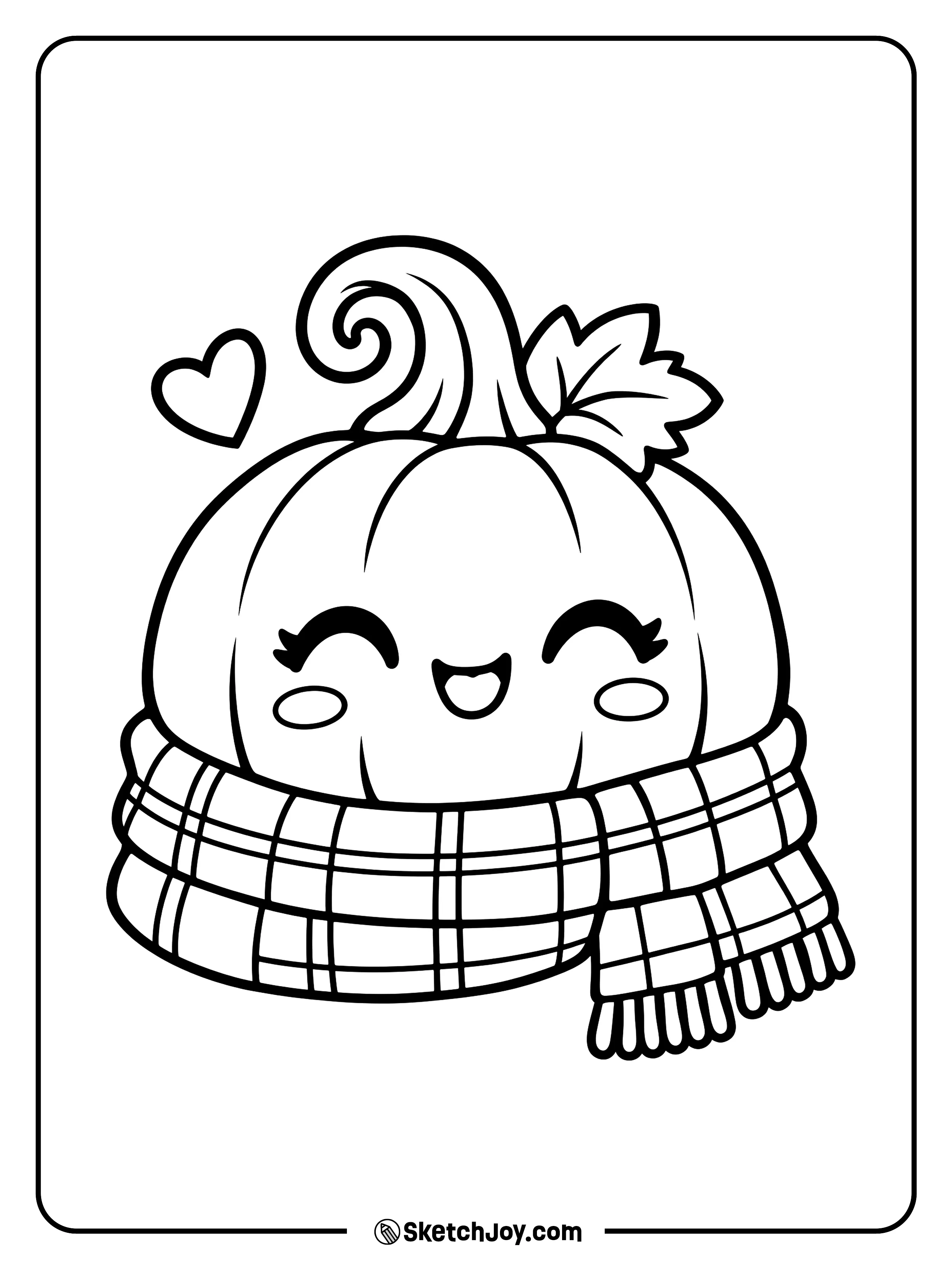 Wrapped in a checked scarf, a smiling pumpkin snuggles up for fall.