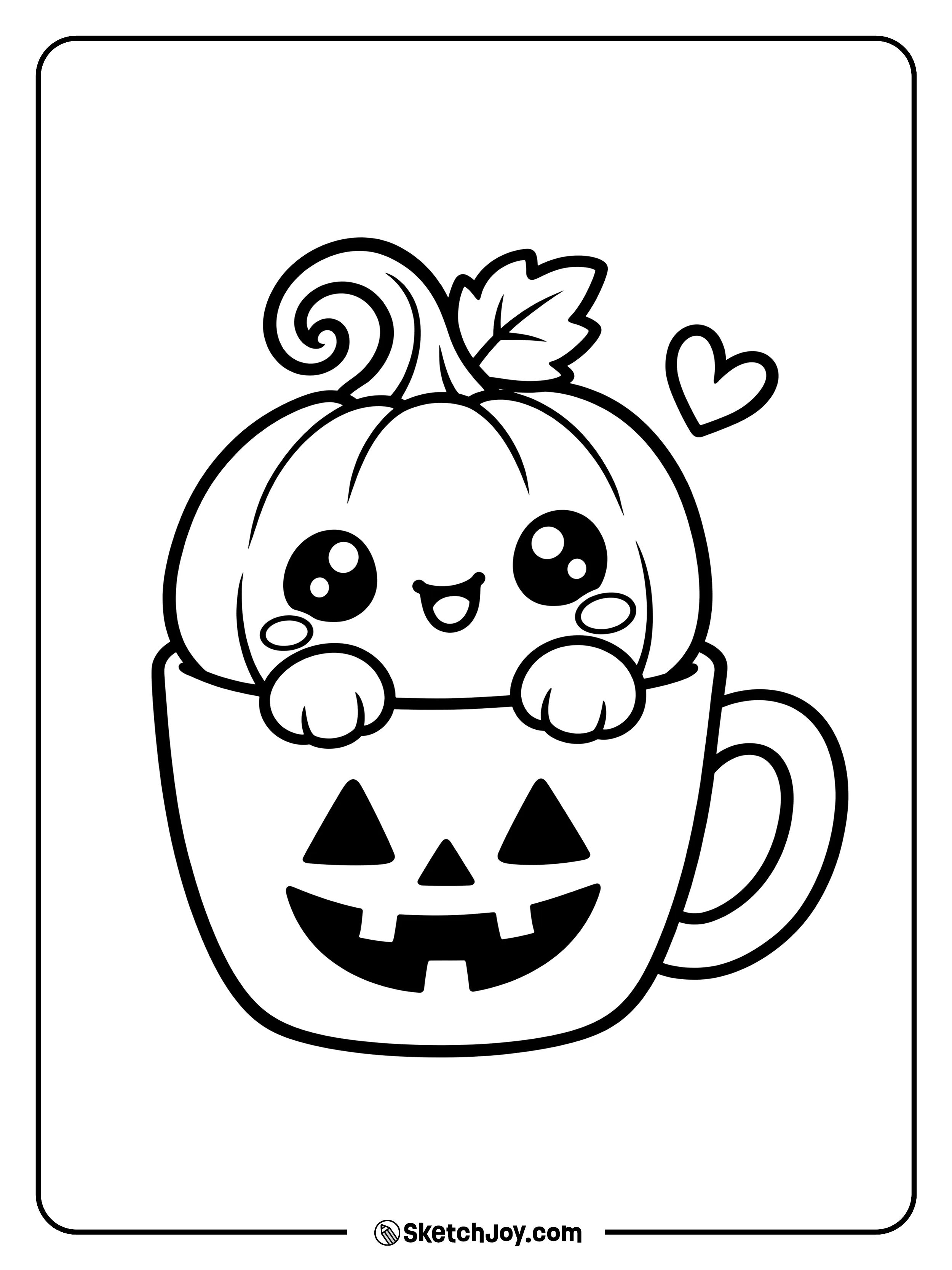A cheerful pumpkin peeks over the rim of a mug with a jack-o'-lantern face.